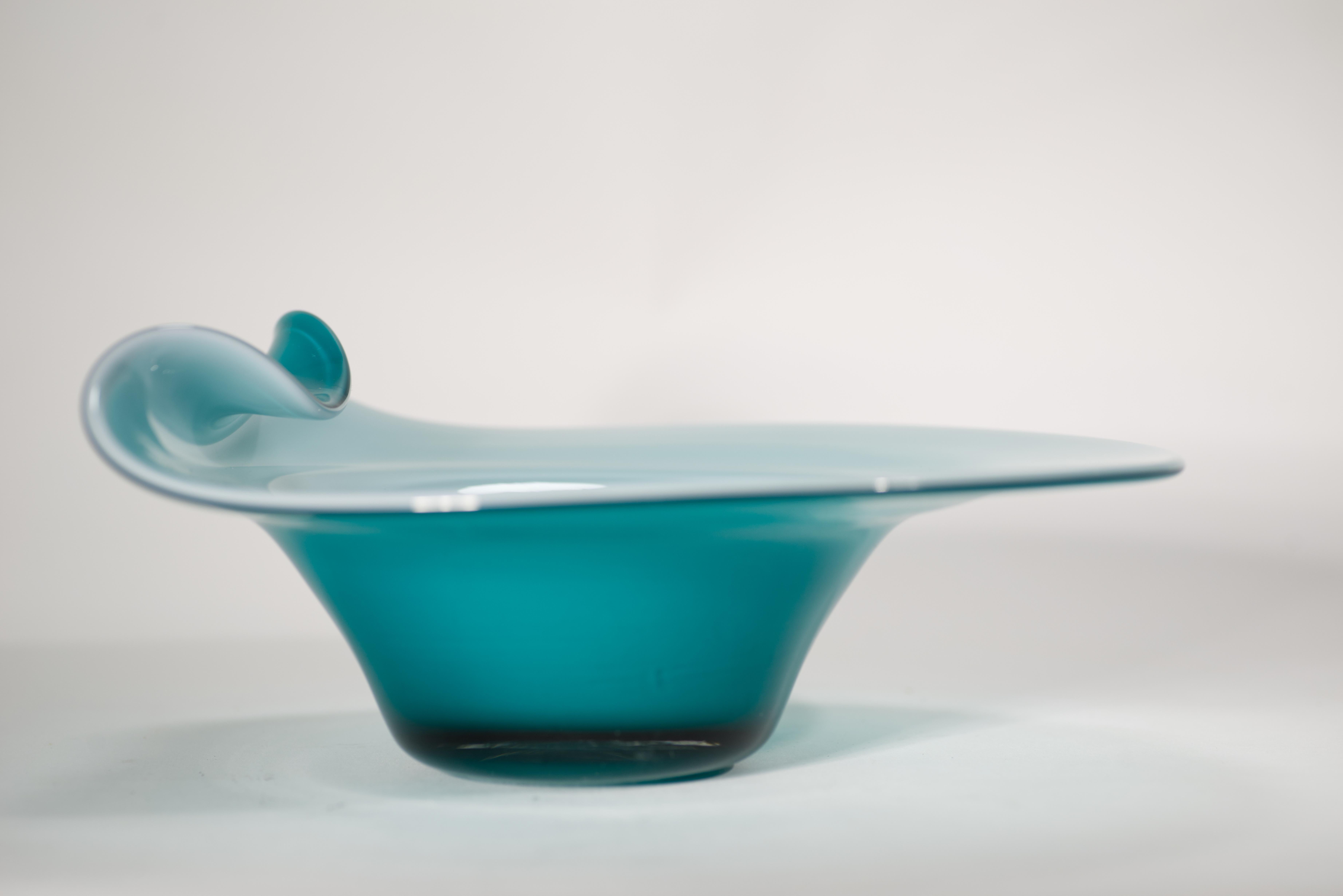 Art Glass Modernist Teal Blue and White Cased Glass Asymmetrical Bowl For Sale