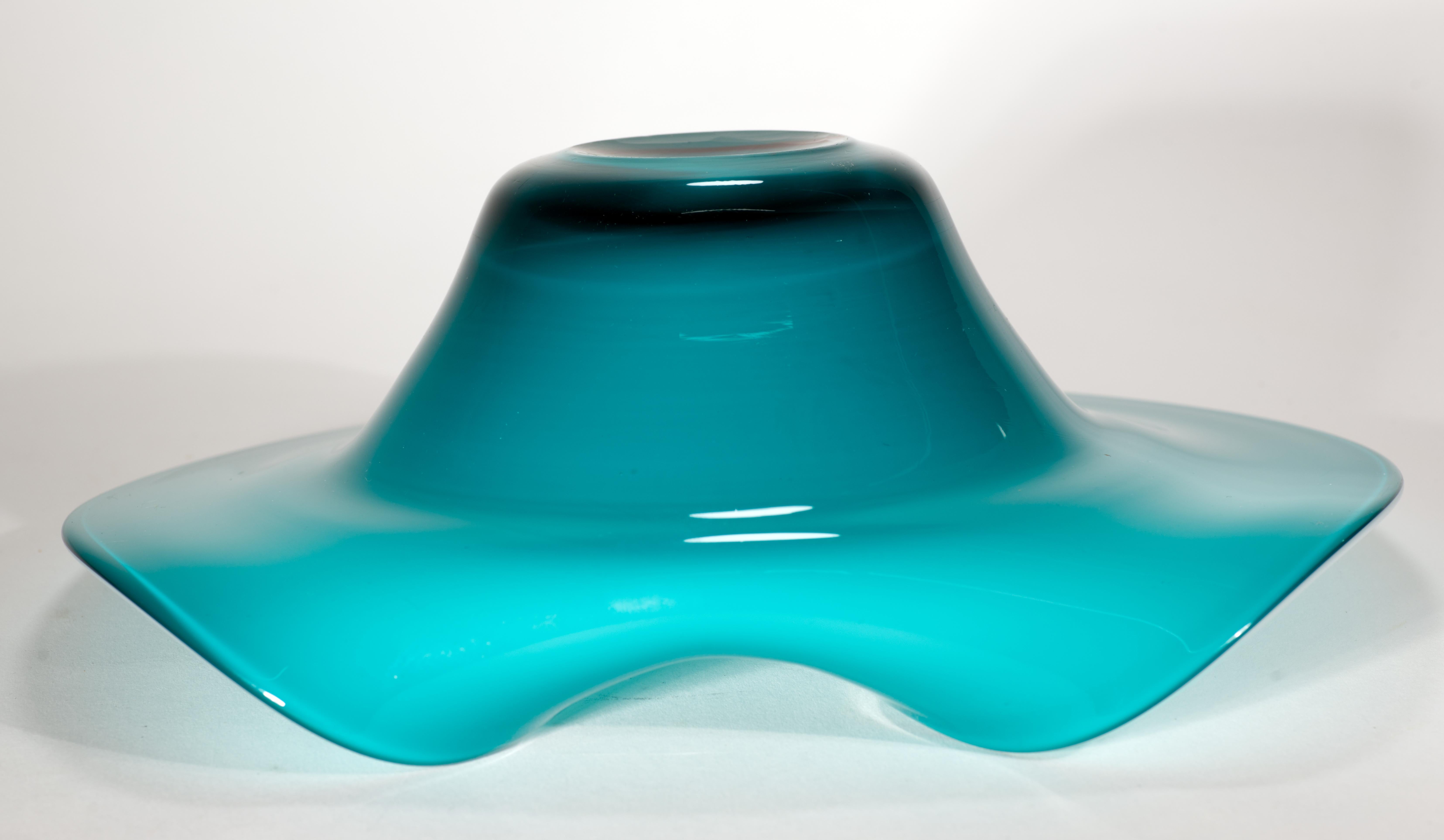 Modernist Teal Blue and White Cased Glass Asymmetrical Bowl For Sale 1