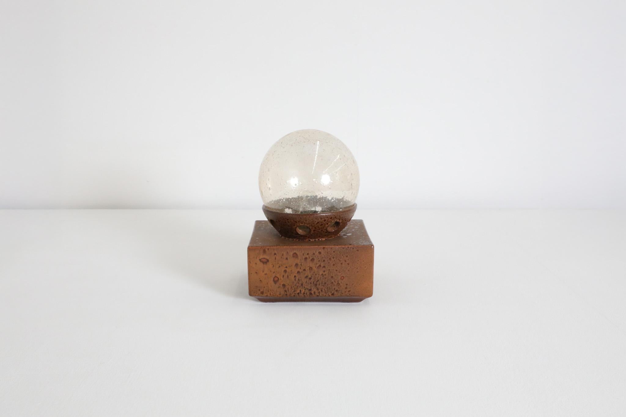 Swiss Modernist Temde Leuchten Attributed Ceramic Cube Lamp with Amber Glass Globe