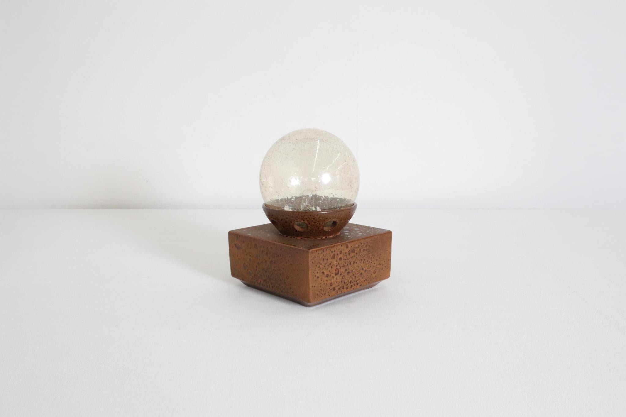 Modernist Temde Leuchten Attributed Ceramic Cube Lamp with Amber Glass Globe In Good Condition In Los Angeles, CA