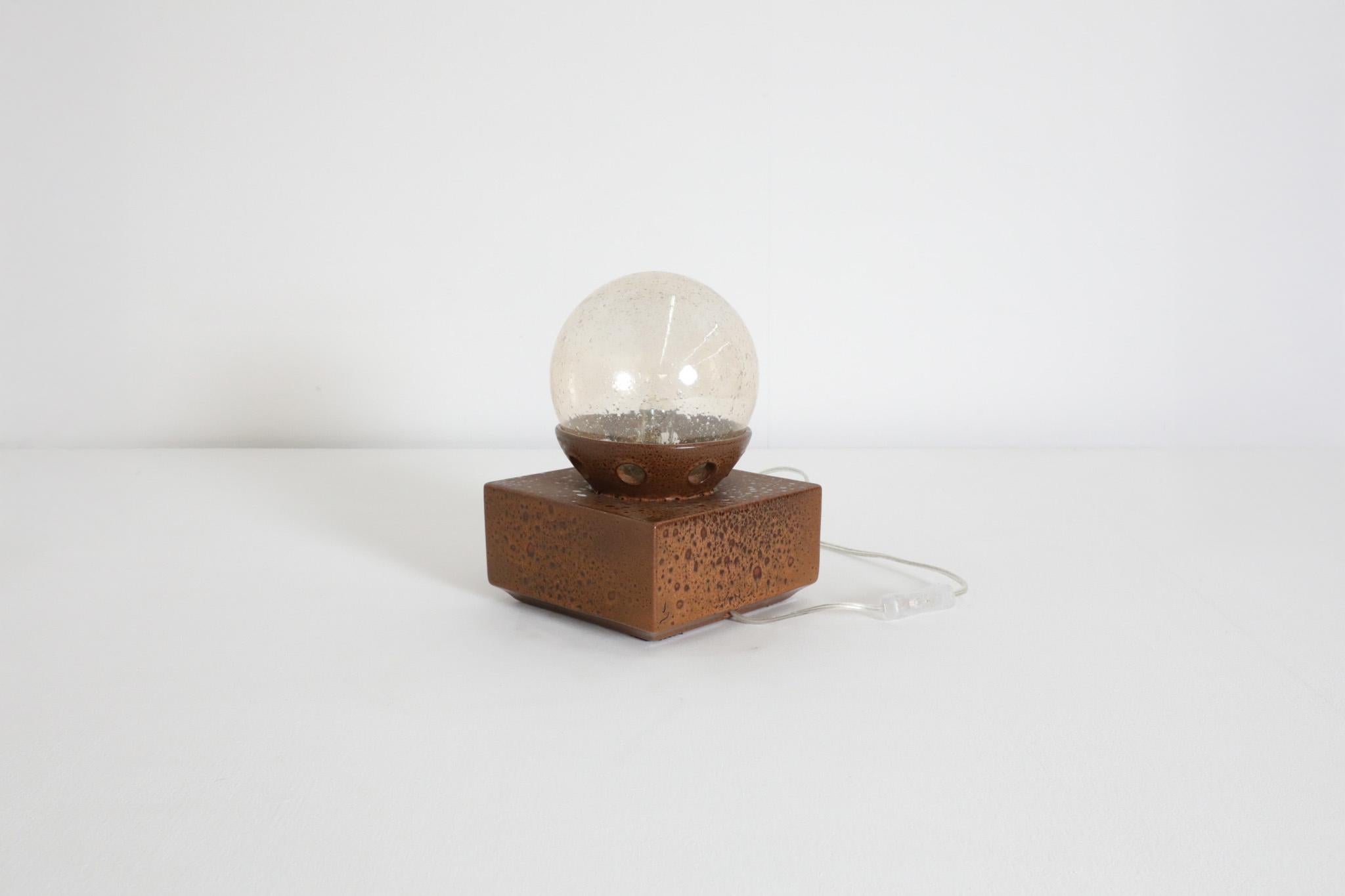 Modernist Temde Leuchten Attributed Ceramic Cube Lamp with Amber Glass Globe 1