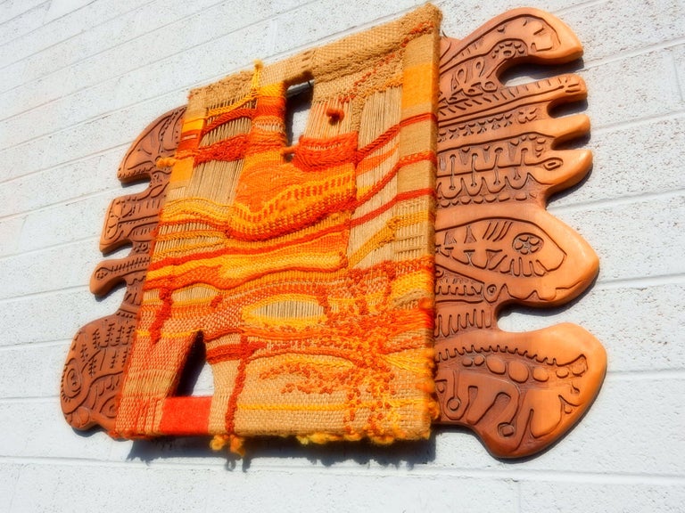 Modernist Textile Fiber Art Weaving and Wood Sculpture For Sale at 1stdibs