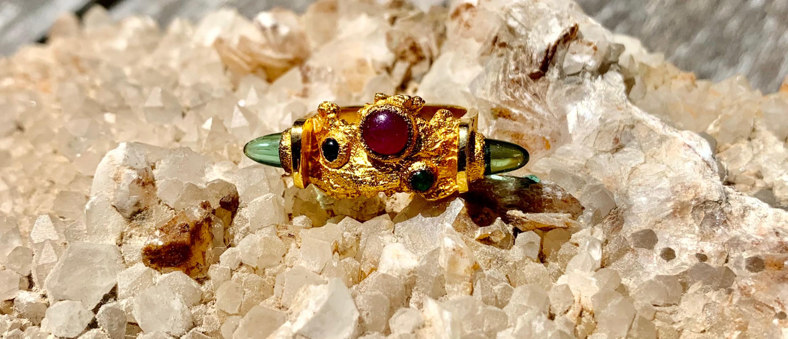 Modernist Textured 14k Gold Ruby, Emerald, Tourmaline Ring by F. Marshall, 1987 For Sale 5