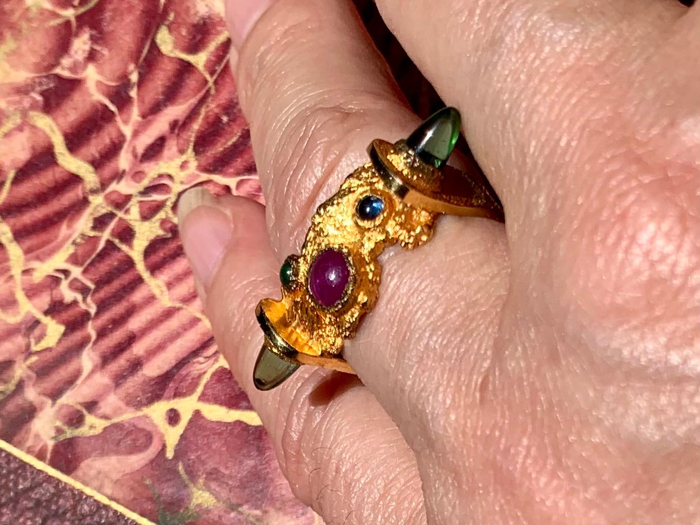 Modernist Textured 14k Gold Ruby, Emerald, Tourmaline Ring by F. Marshall, 1987 For Sale 6