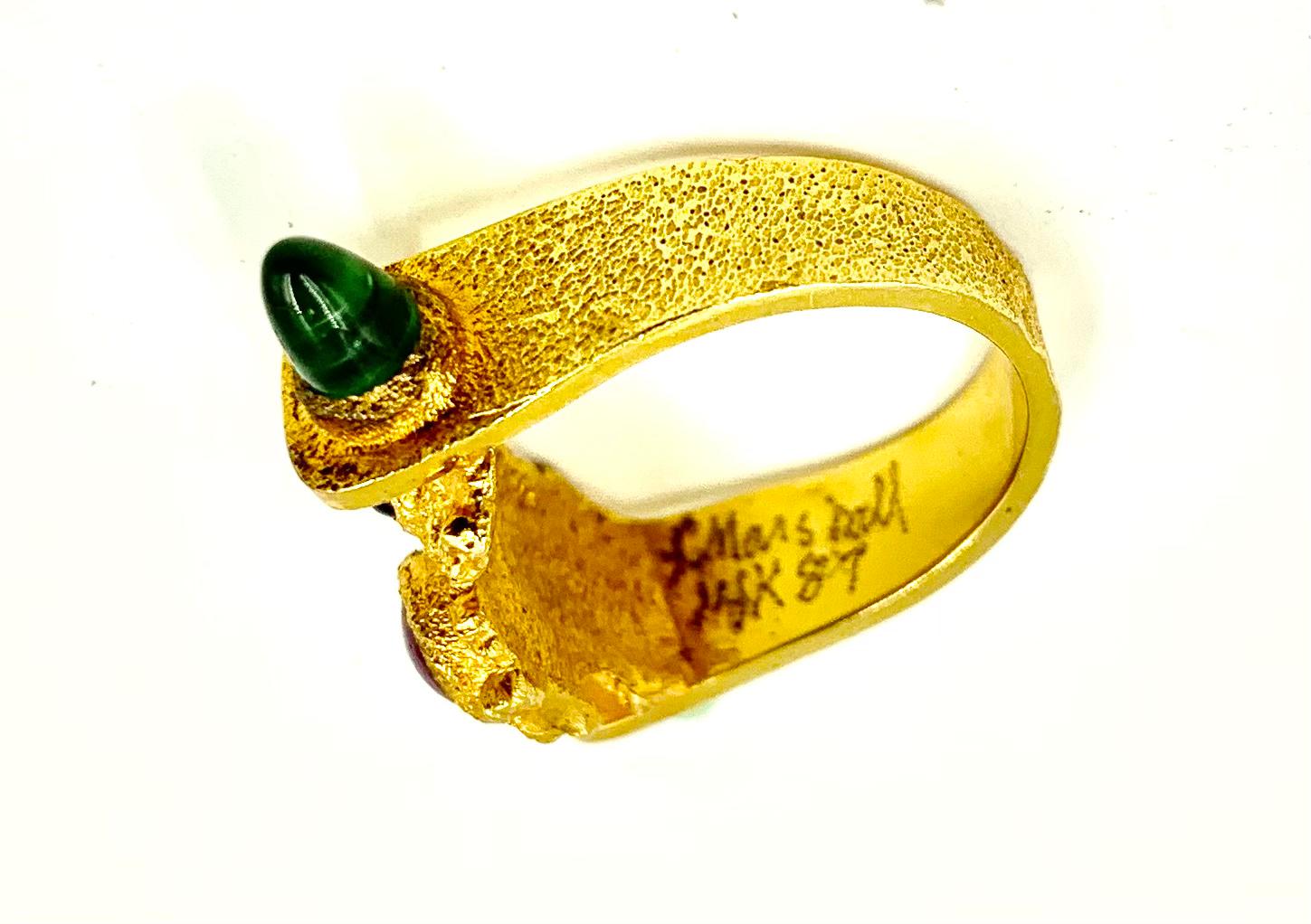 Modernist Textured 14k Gold Ruby, Emerald, Tourmaline Ring by F. Marshall, 1987 In Good Condition For Sale In New York, NY