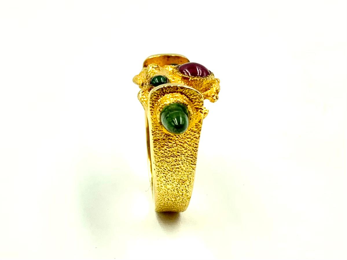 Modernist Textured 14k Gold Ruby, Emerald, Tourmaline Ring by F. Marshall, 1987 For Sale 2