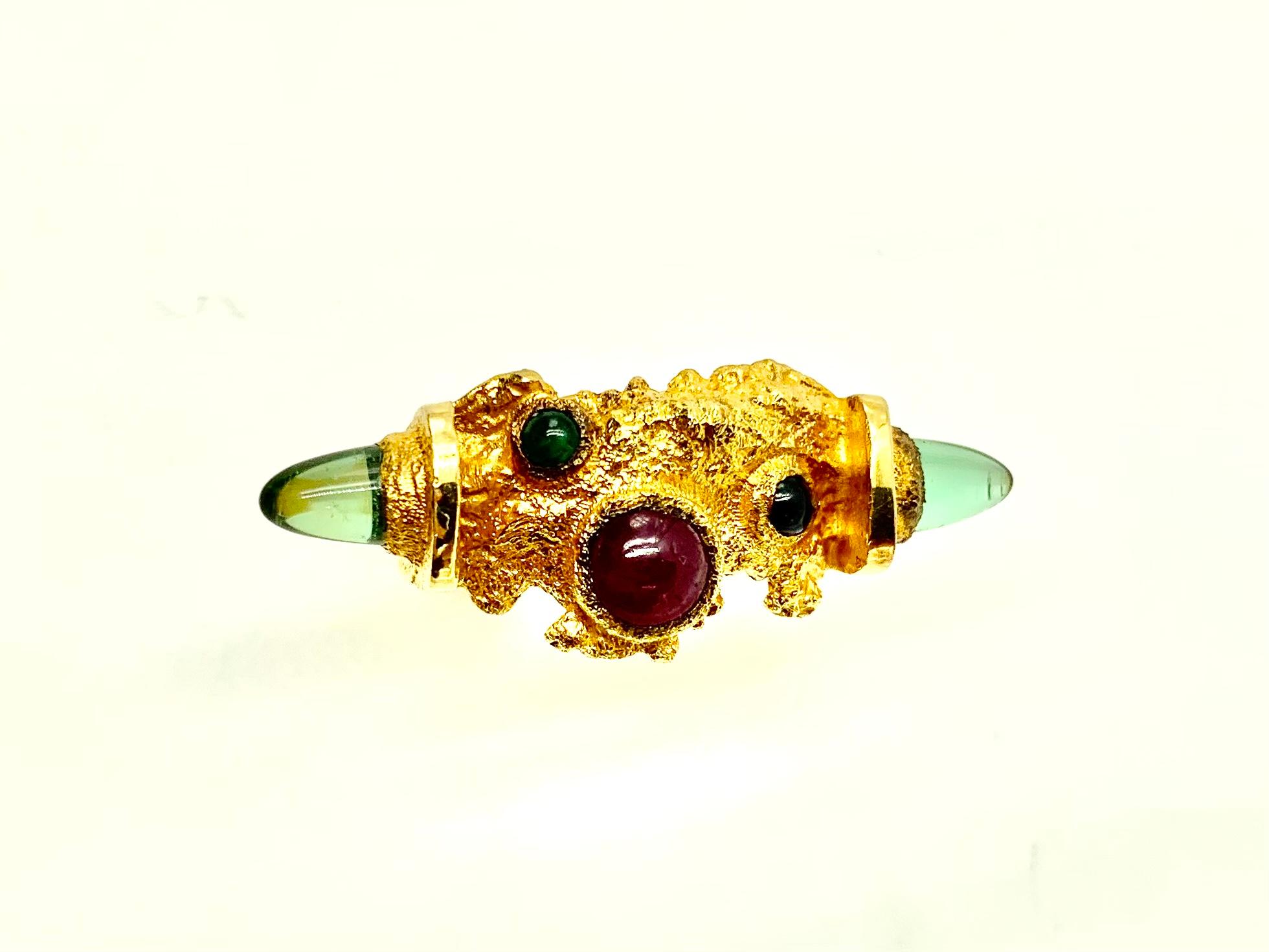 Modernist Textured 14k Gold Ruby, Emerald, Tourmaline Ring by F. Marshall, 1987 For Sale 3
