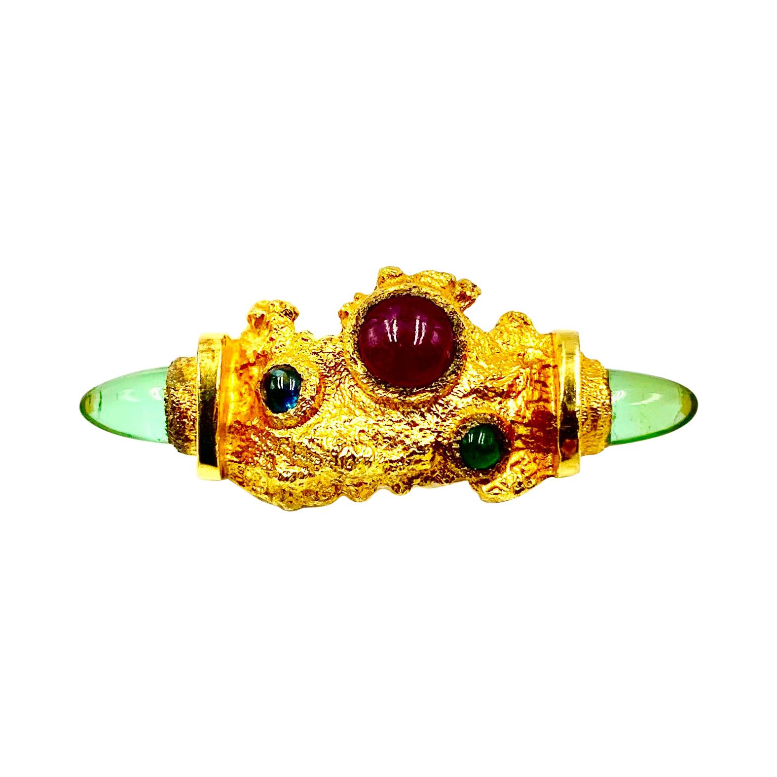 Modernist Textured 14k Gold Ruby, Emerald, Tourmaline Ring by F. Marshall, 1987 For Sale