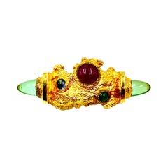 Modernist Textured 14k Gold Ruby, Emerald, Tourmaline Ring by F. Marshall, 1987