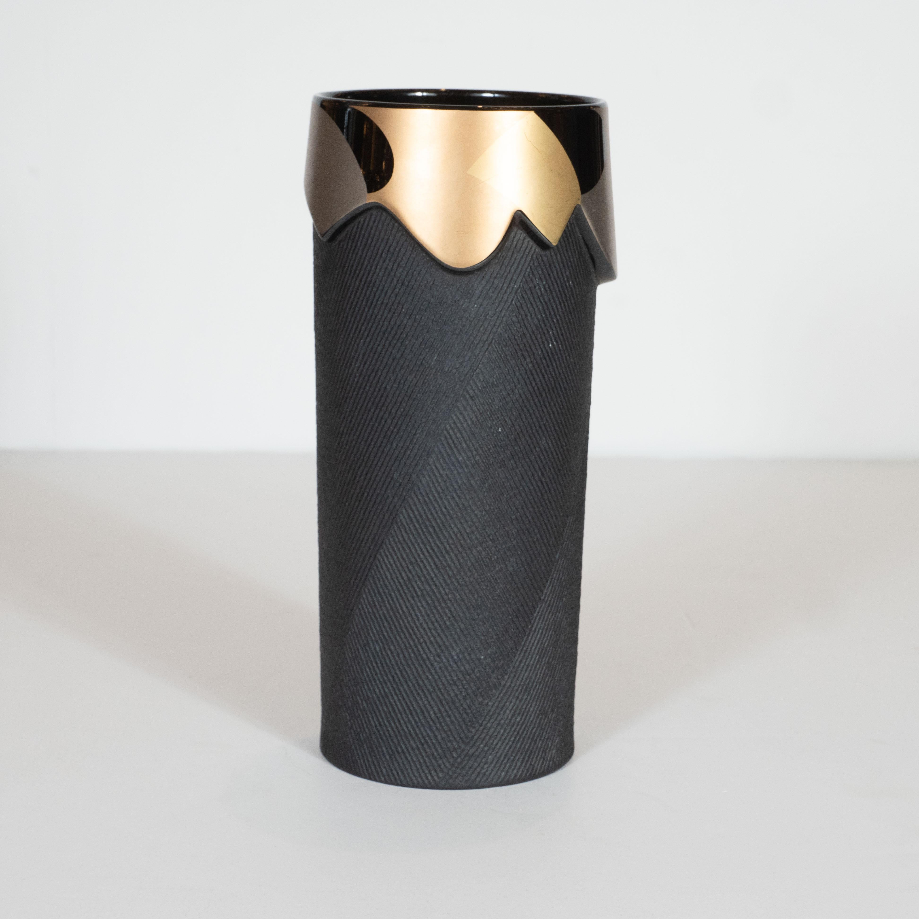 Mid-Century Modern Modernist Textured Black and Glazed Gold, Copper and Platinum Vase by Rosenthal