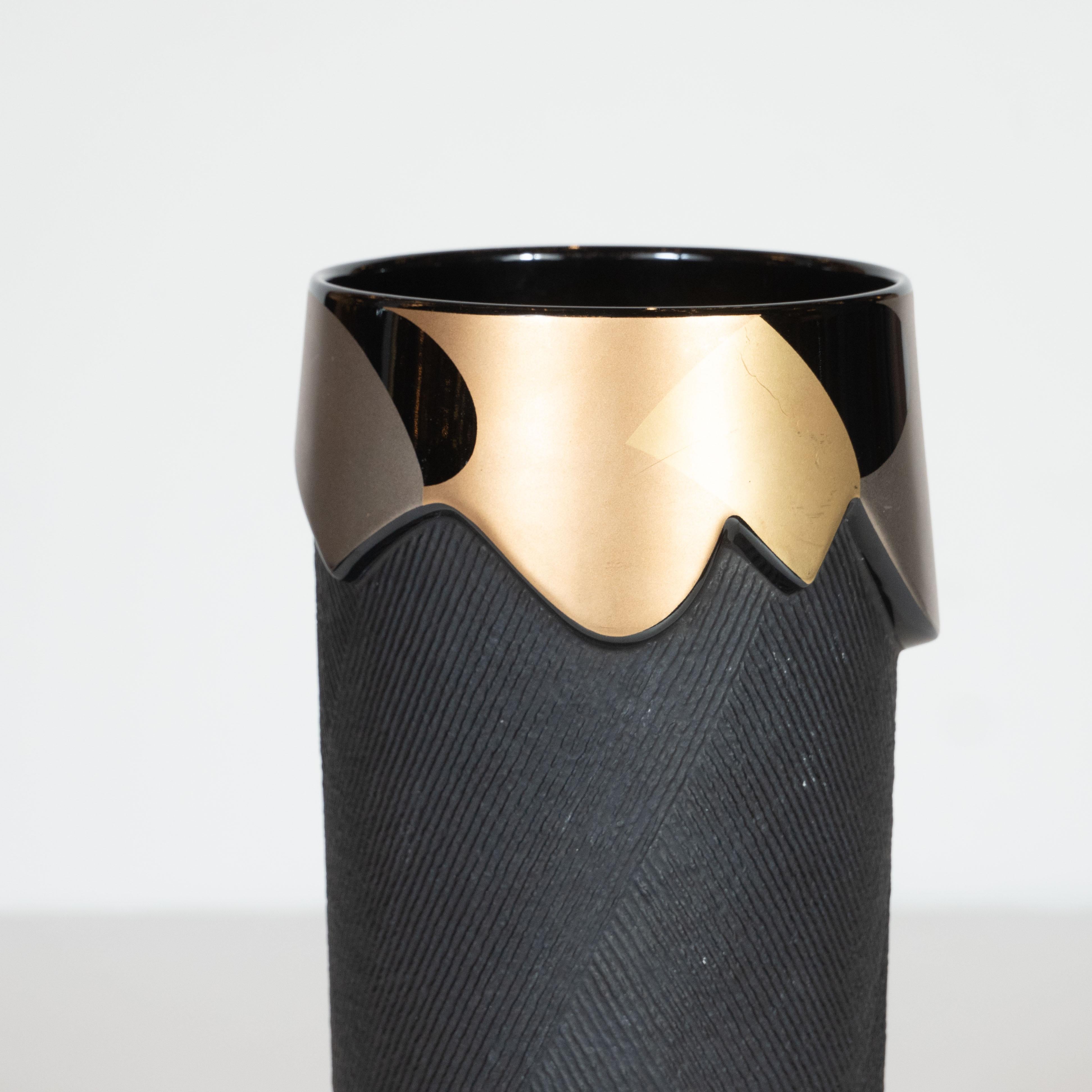 German Modernist Textured Black and Glazed Gold, Copper and Platinum Vase by Rosenthal