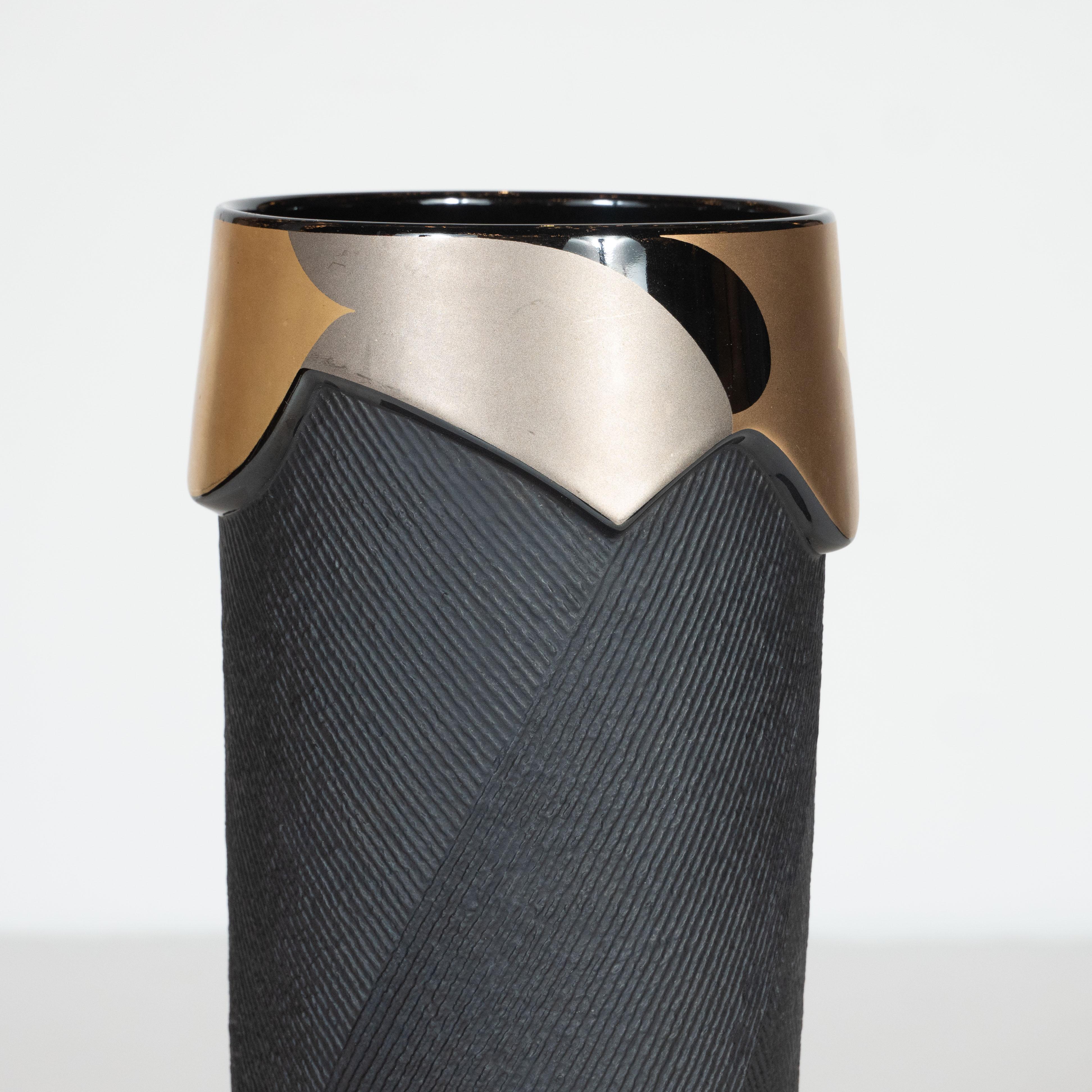 Porcelain Modernist Textured Black and Glazed Gold, Copper and Platinum Vase by Rosenthal