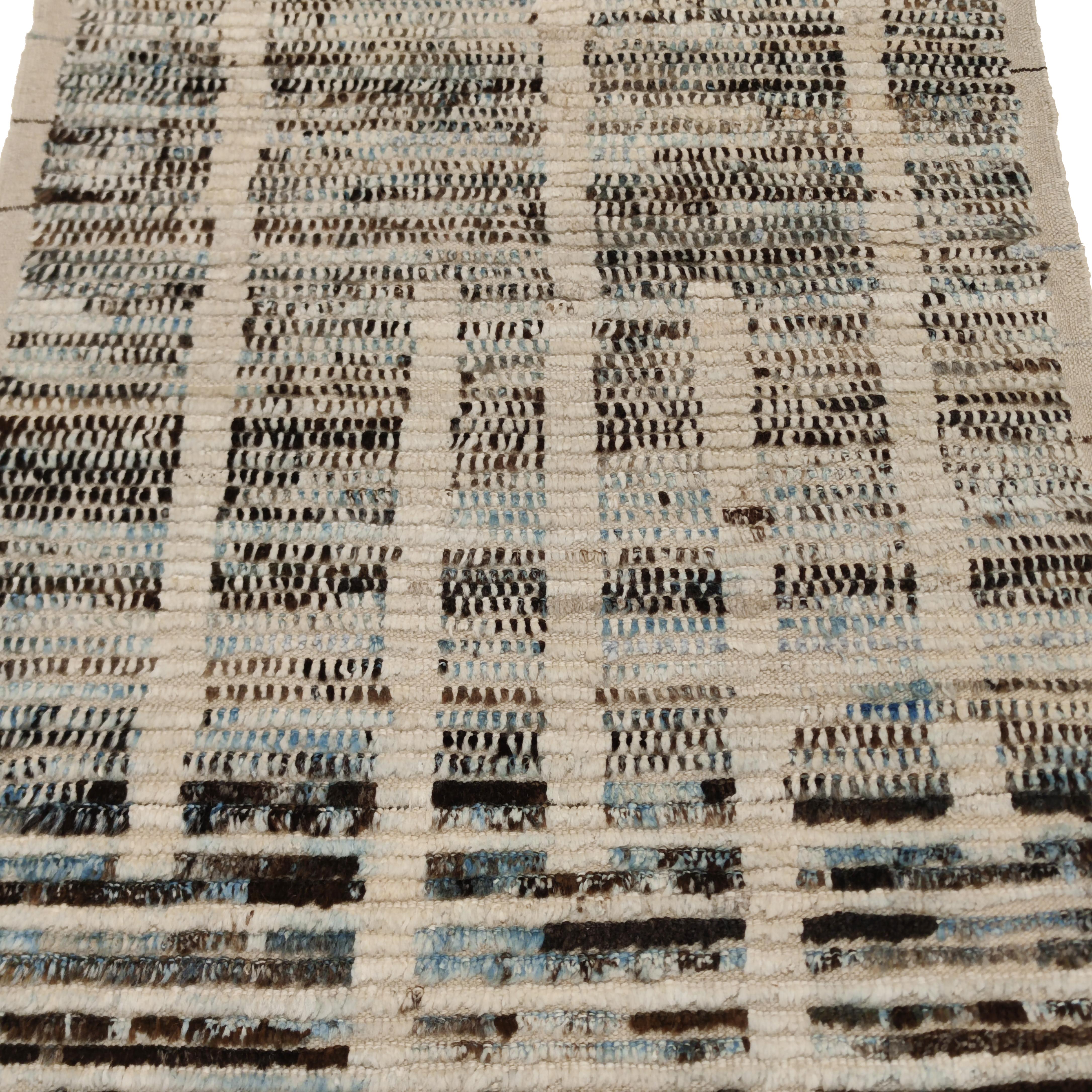 Hand-Knotted Modernist Textured Ivory and Blue Rug in Moroccan Style by Alberto Levi Gallery For Sale