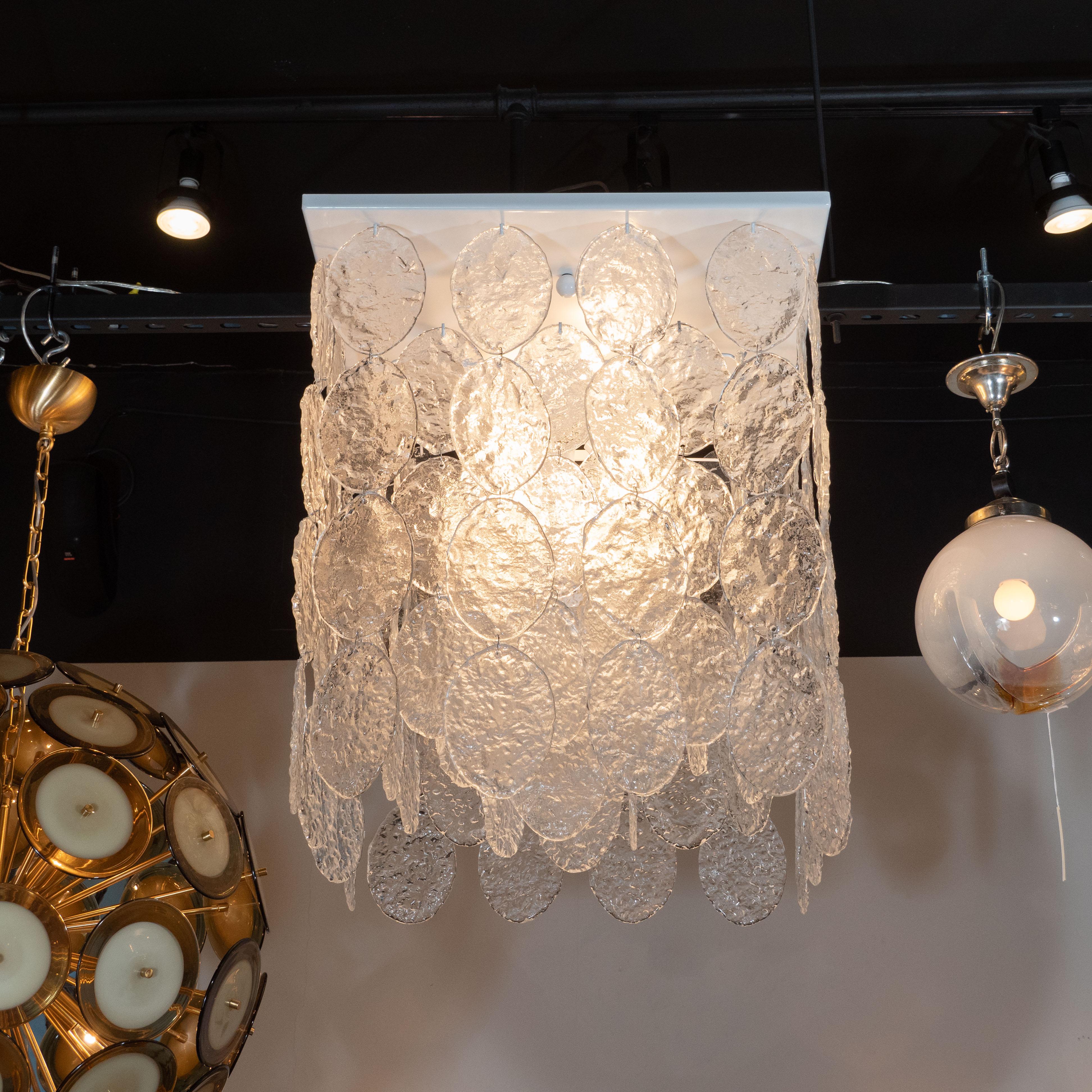 Modernist Textured Translucent Ovoid Glass and White Enamel Link Chandelier In New Condition In New York, NY