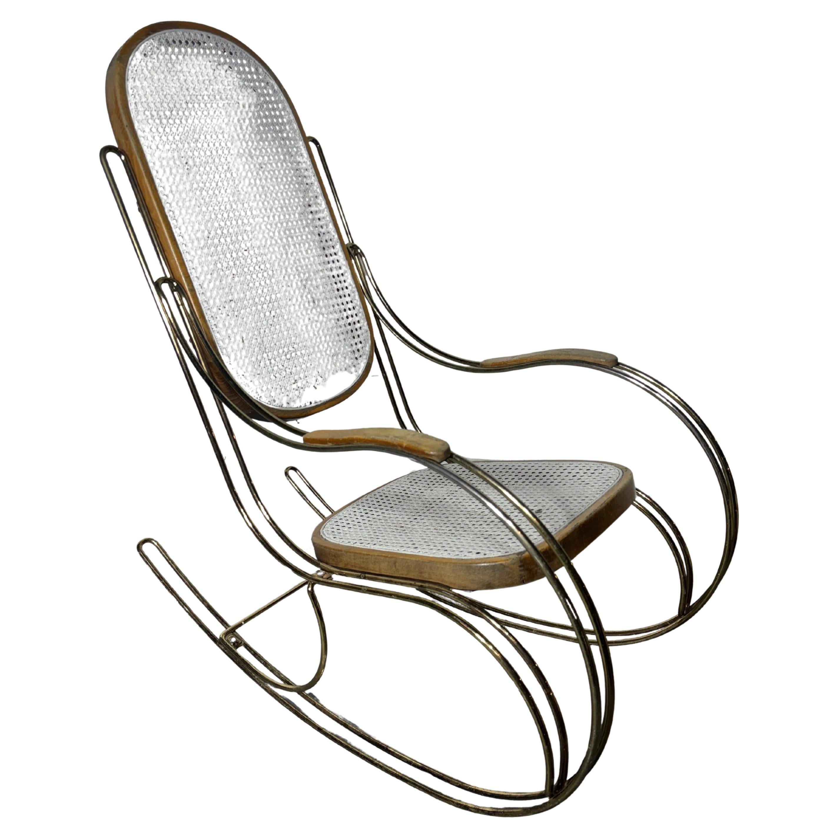 Modernist Thonet Style Italian Brass and Caned Rocking Chair For Sale