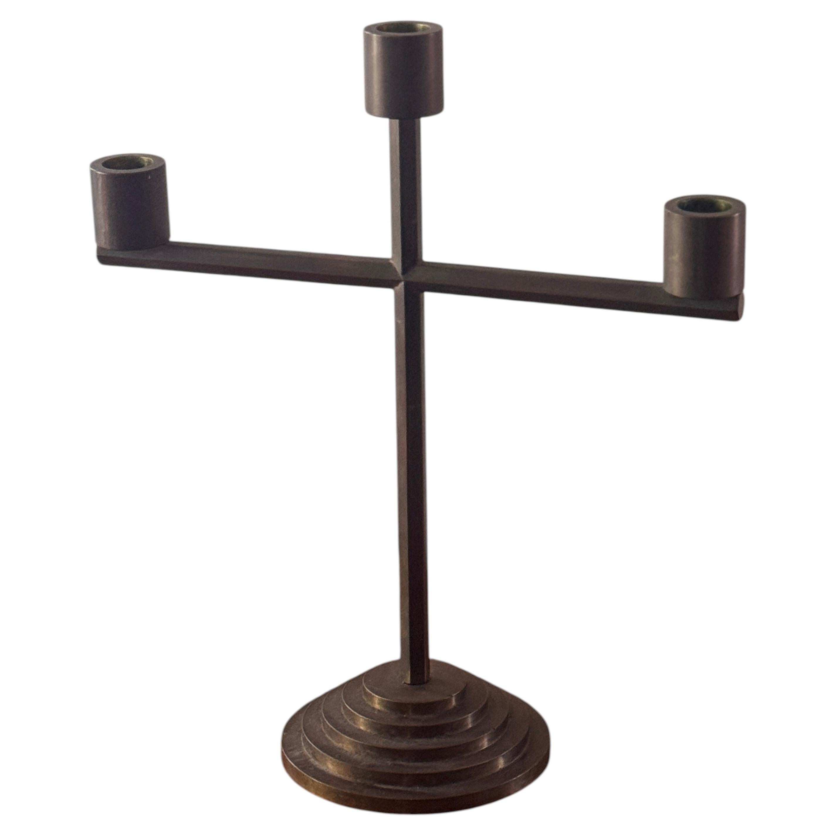 Modernist Three-Arm Bronze Candelabra For Sale