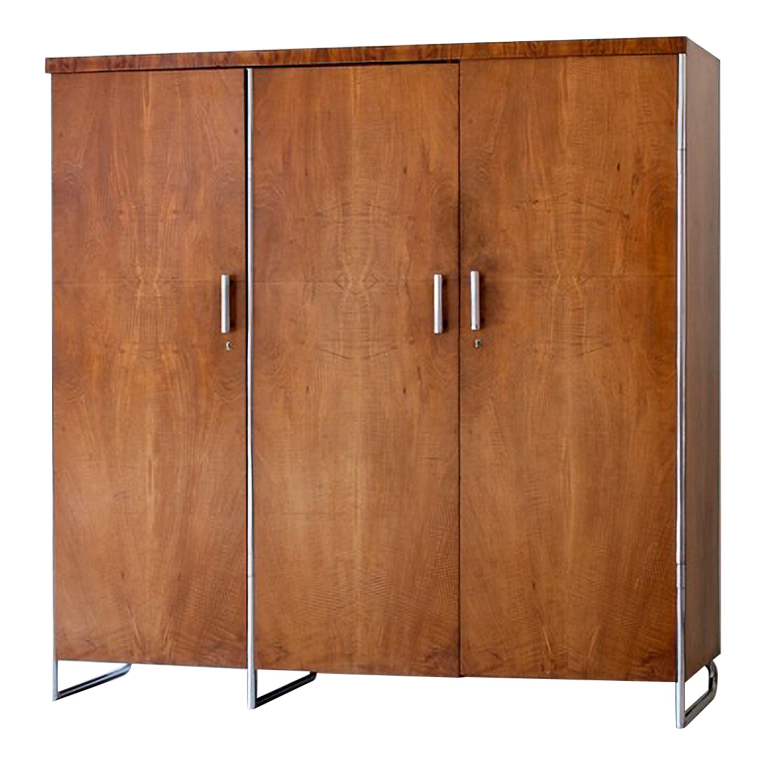 Modernist Three Door Wardrobe, Chrome Plated Metal and Walnut Veneer, circa 1930 For Sale