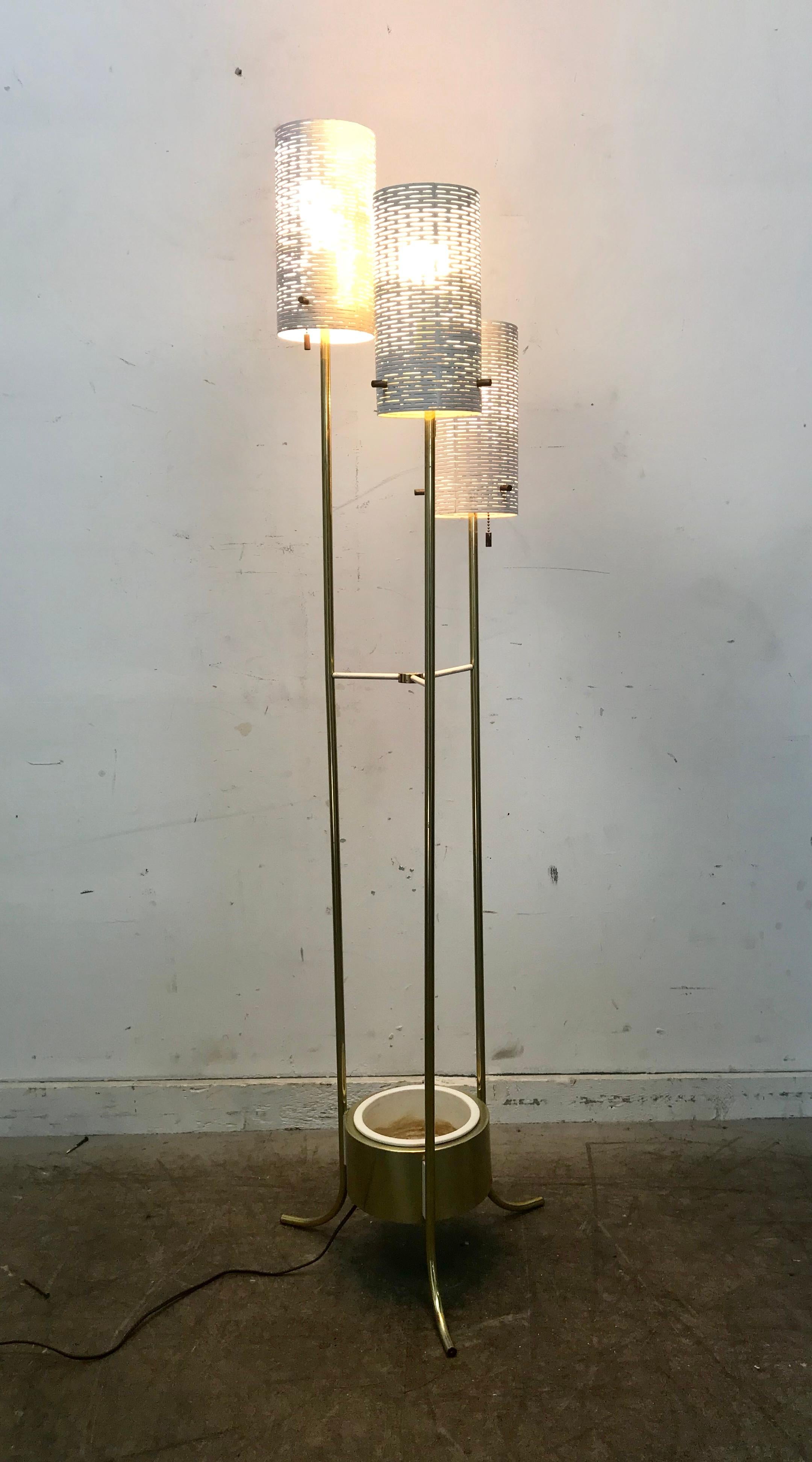 American Modernist Three Shade Brass and Metal Floor Lamp with Planter For Sale