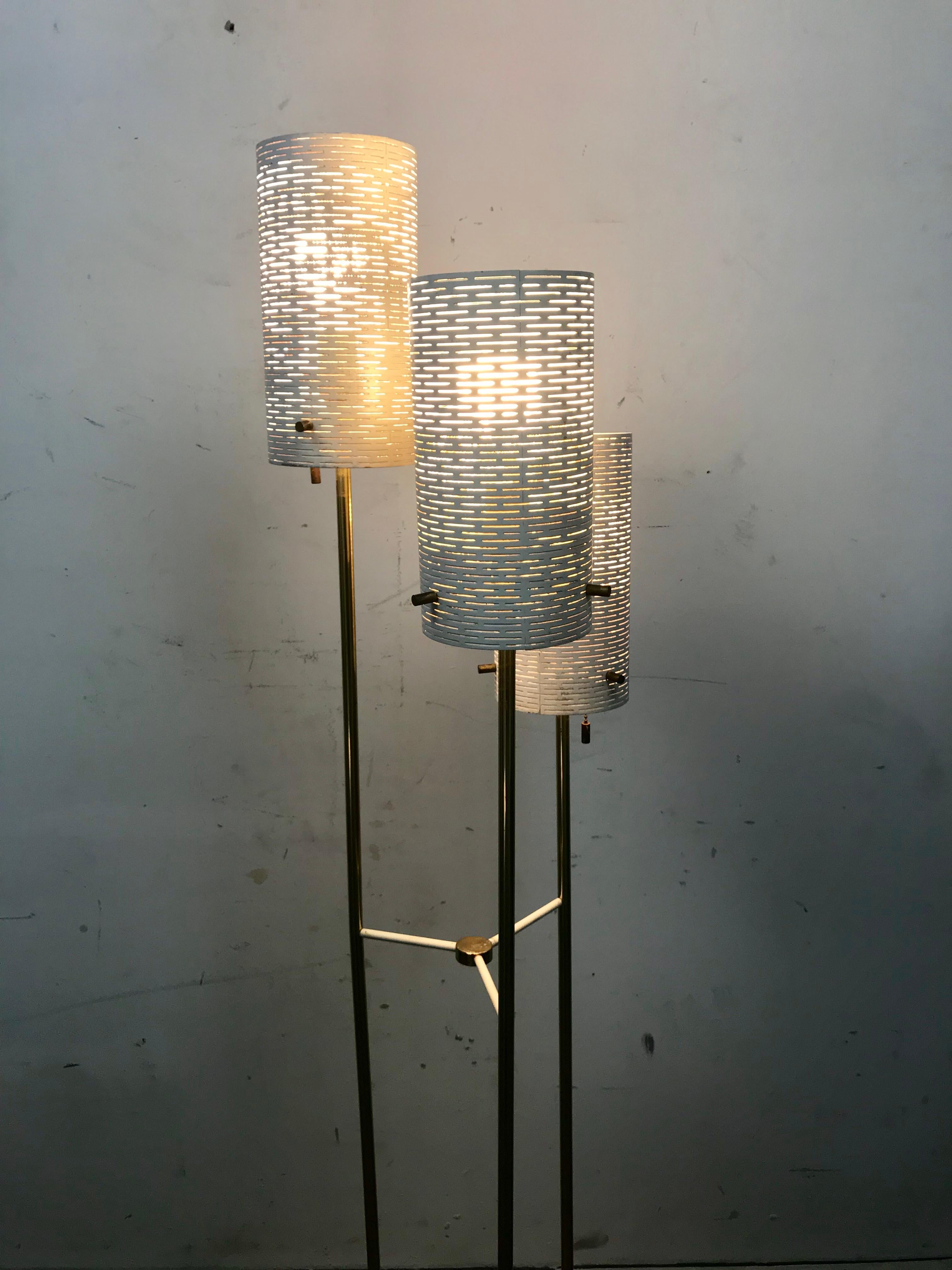 Modernist Three Shade Brass and Metal Floor Lamp with Planter In Good Condition For Sale In Buffalo, NY