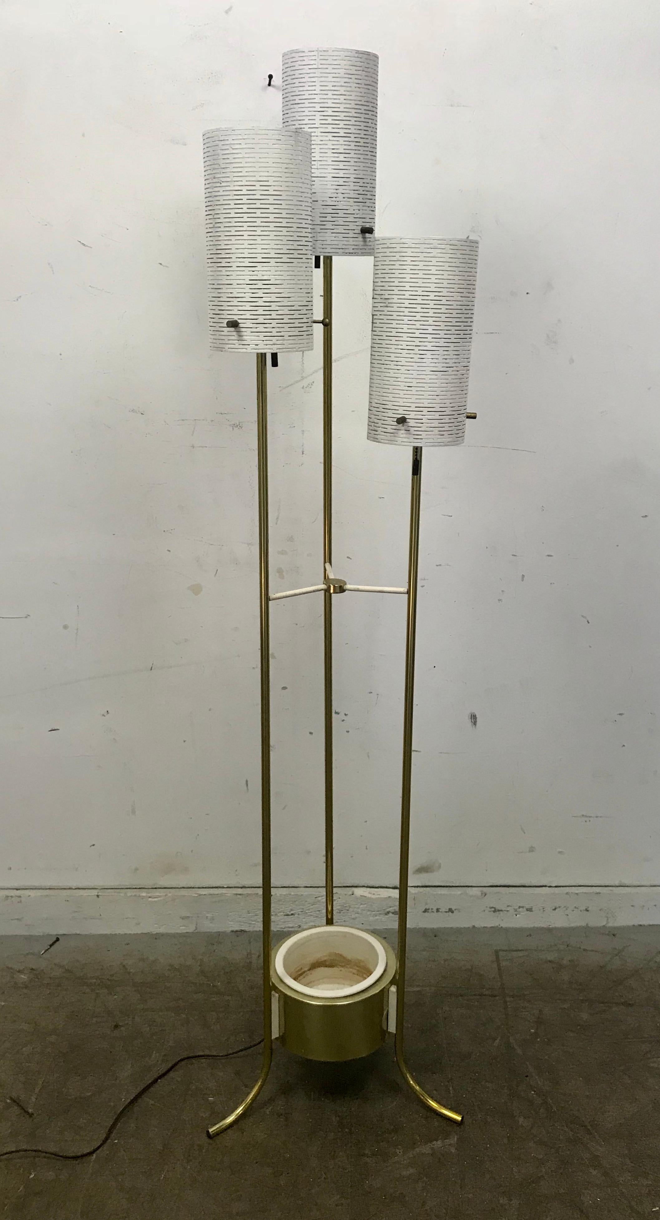 Mid-20th Century Modernist Three Shade Brass and Metal Floor Lamp with Planter For Sale