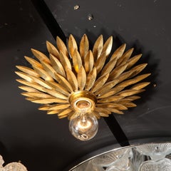 Modernist Three Tier Gilded Bronze Stylized Leaf/ Feather Flush Mount Chandelier