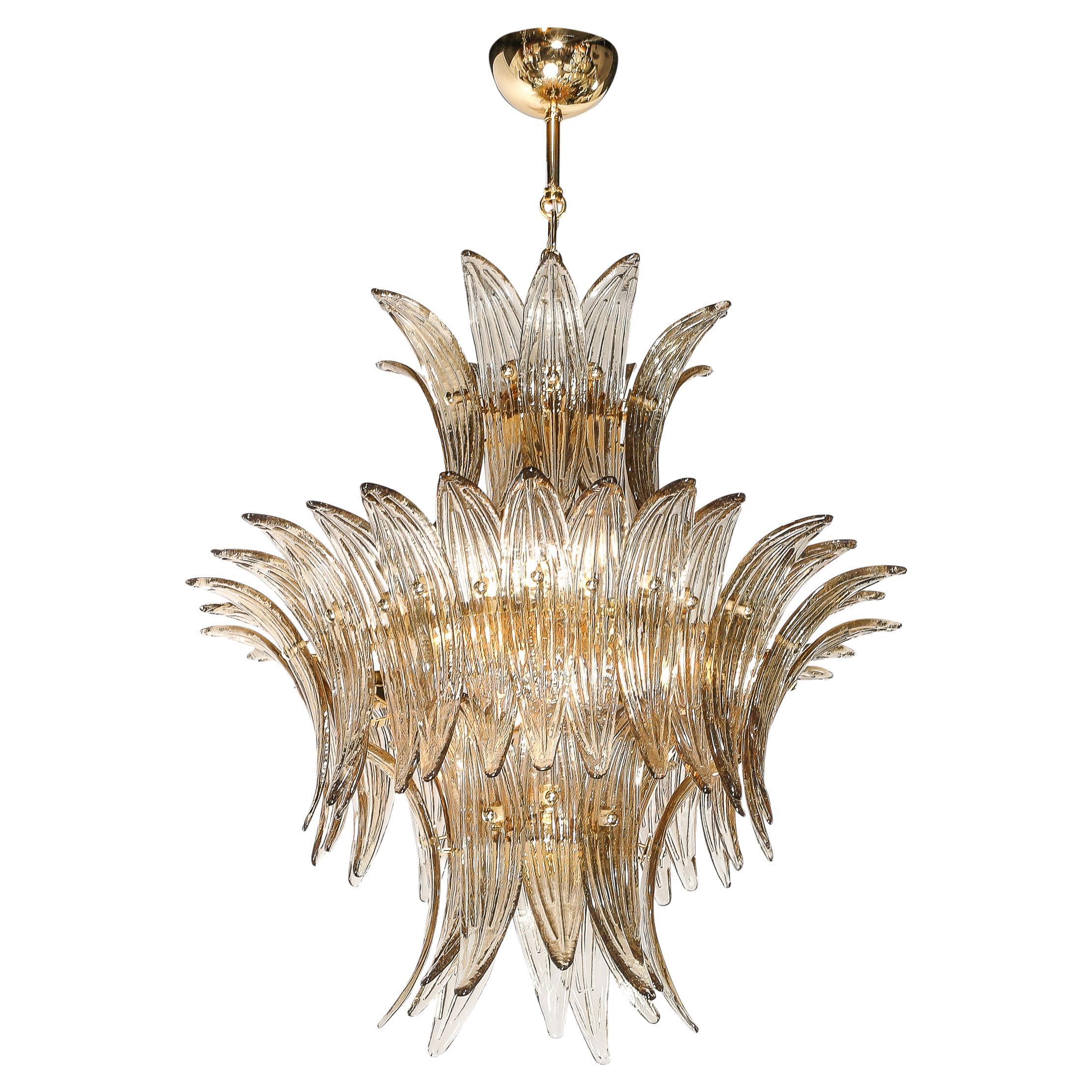 Modernist Three Tier "Palma" Hand-Blown Smoked Murano Glass w/ Brass Chandelier For Sale