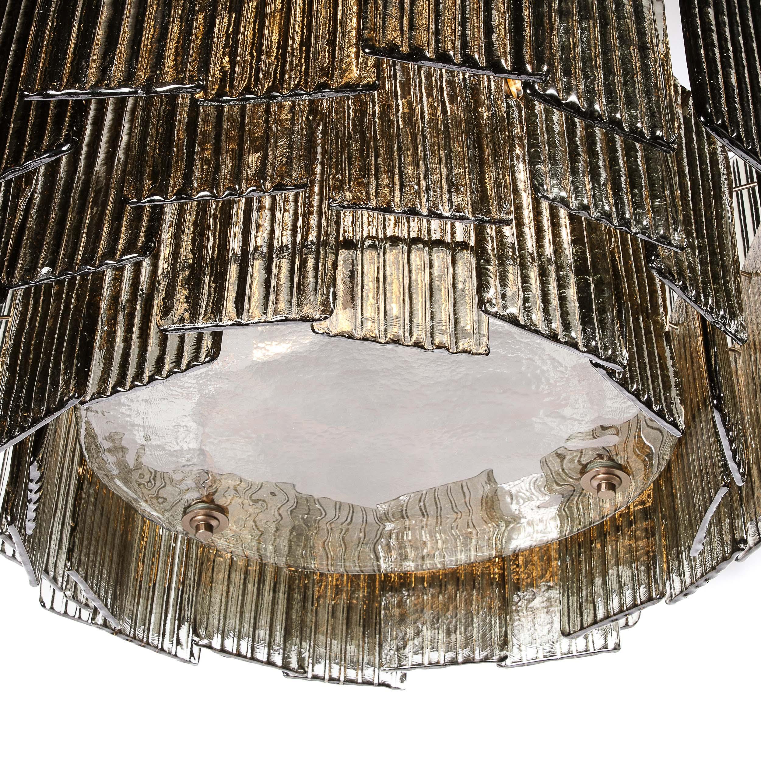 Modernist Three Tiered Smoked Topaz Hand-Blown Murano Reeded Glass Chandelier For Sale 4