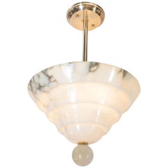 Modernist Tiered Alabaster Chandelier with Orbital Finial and Brass Fittings