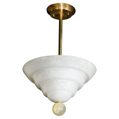 Modernist Tiered Alabaster Chandelier with Orbital Finial and Brass Fittings