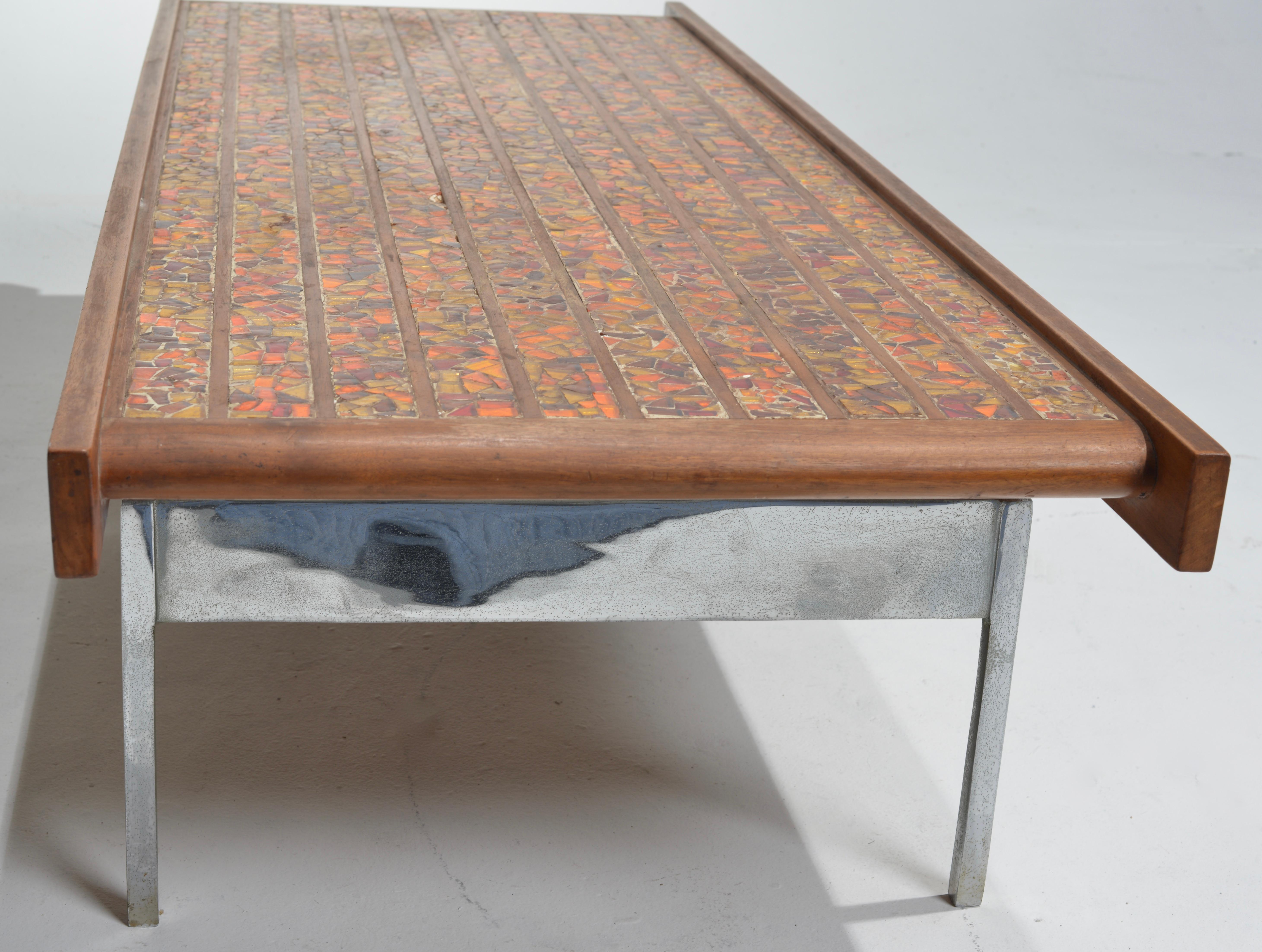 Modernist Tile, Wood and Chrome Rectangular Coffee Table For Sale 8