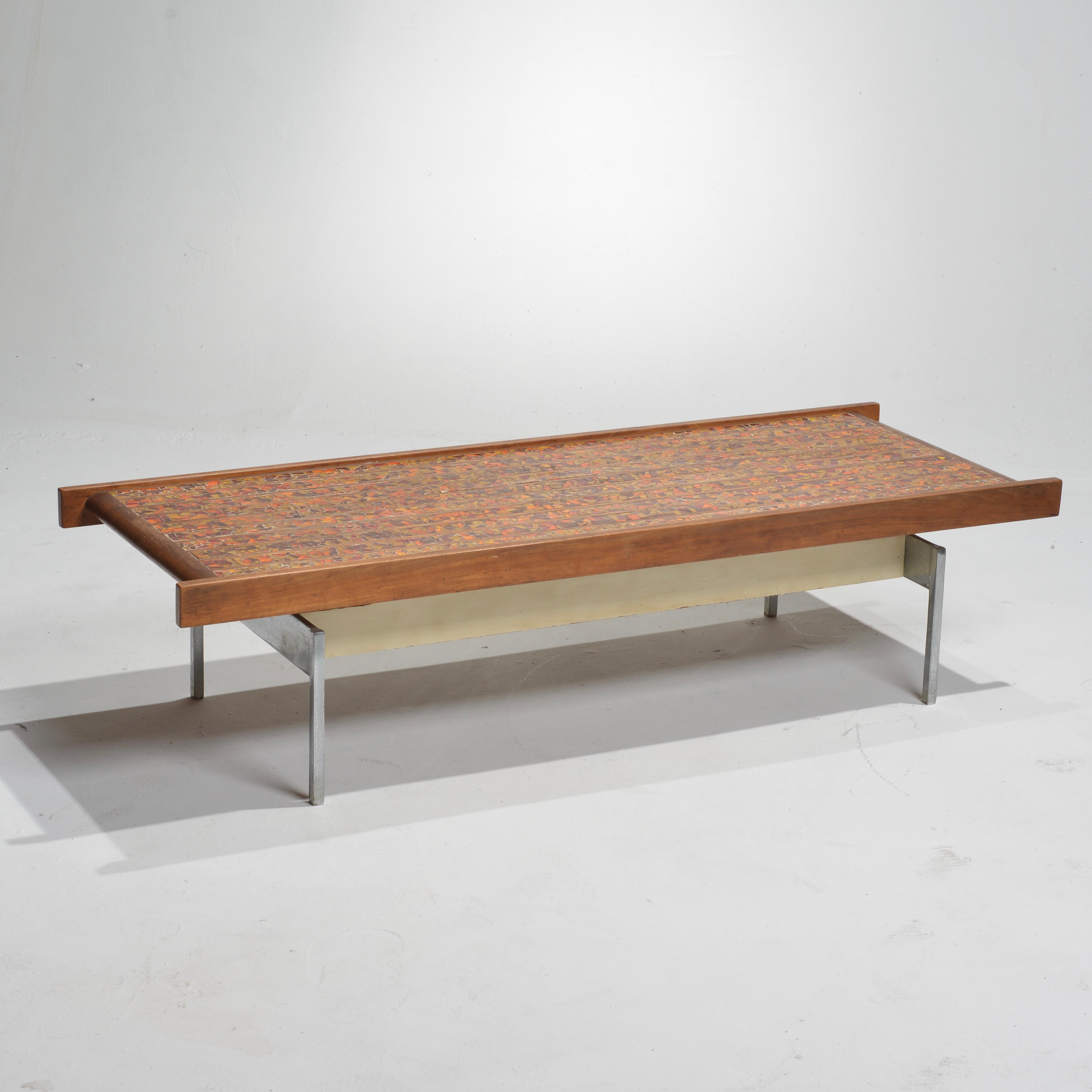 Modernist Tile, Wood and Chrome Rectangular Coffee Table In Good Condition For Sale In Los Angeles, CA
