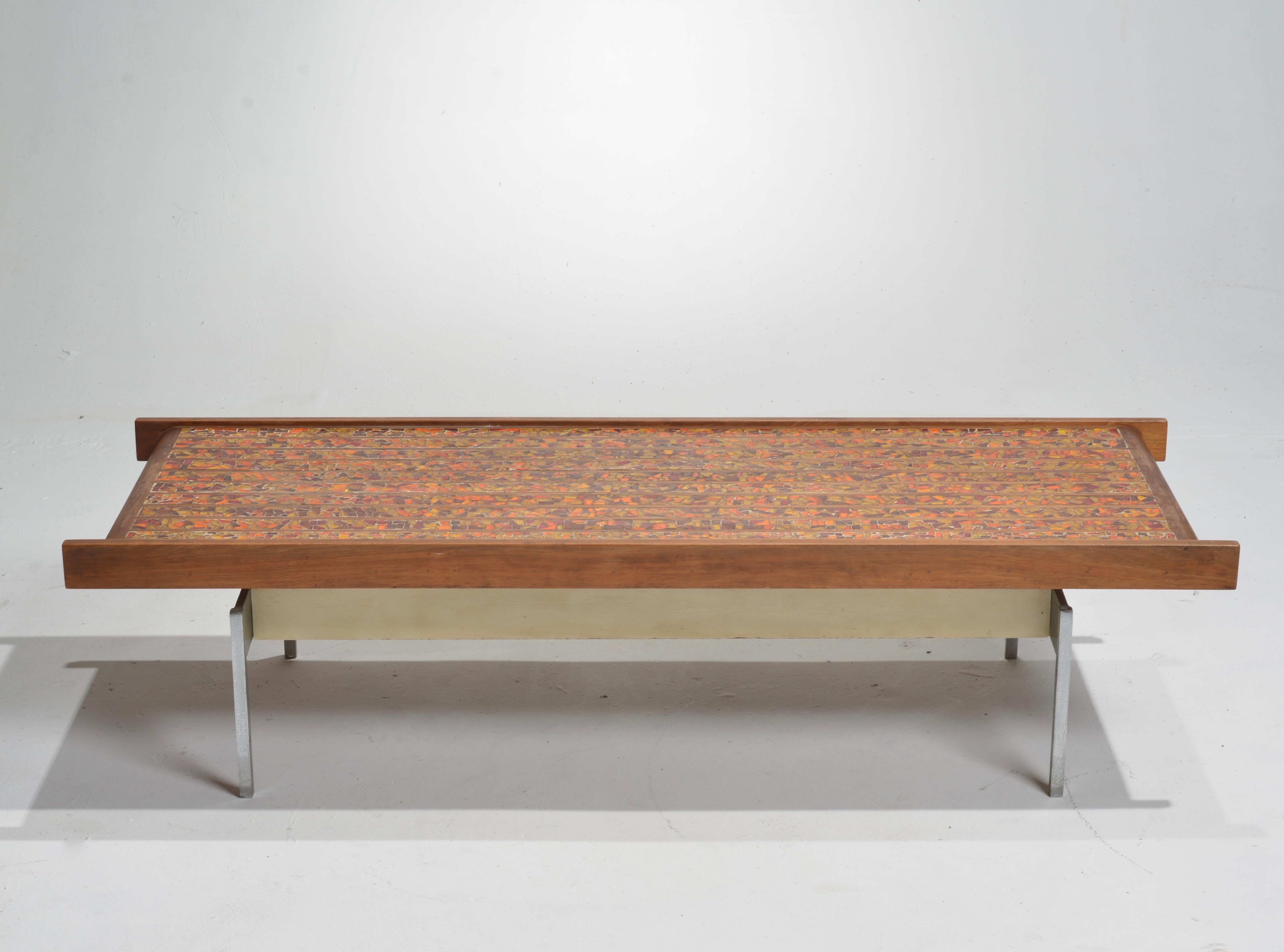 Mid-20th Century Modernist Tile, Wood and Chrome Rectangular Coffee Table For Sale
