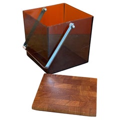 Modernist Tinted Acrylic and Teak Ice Bucket with Chrome Handle by Atapco