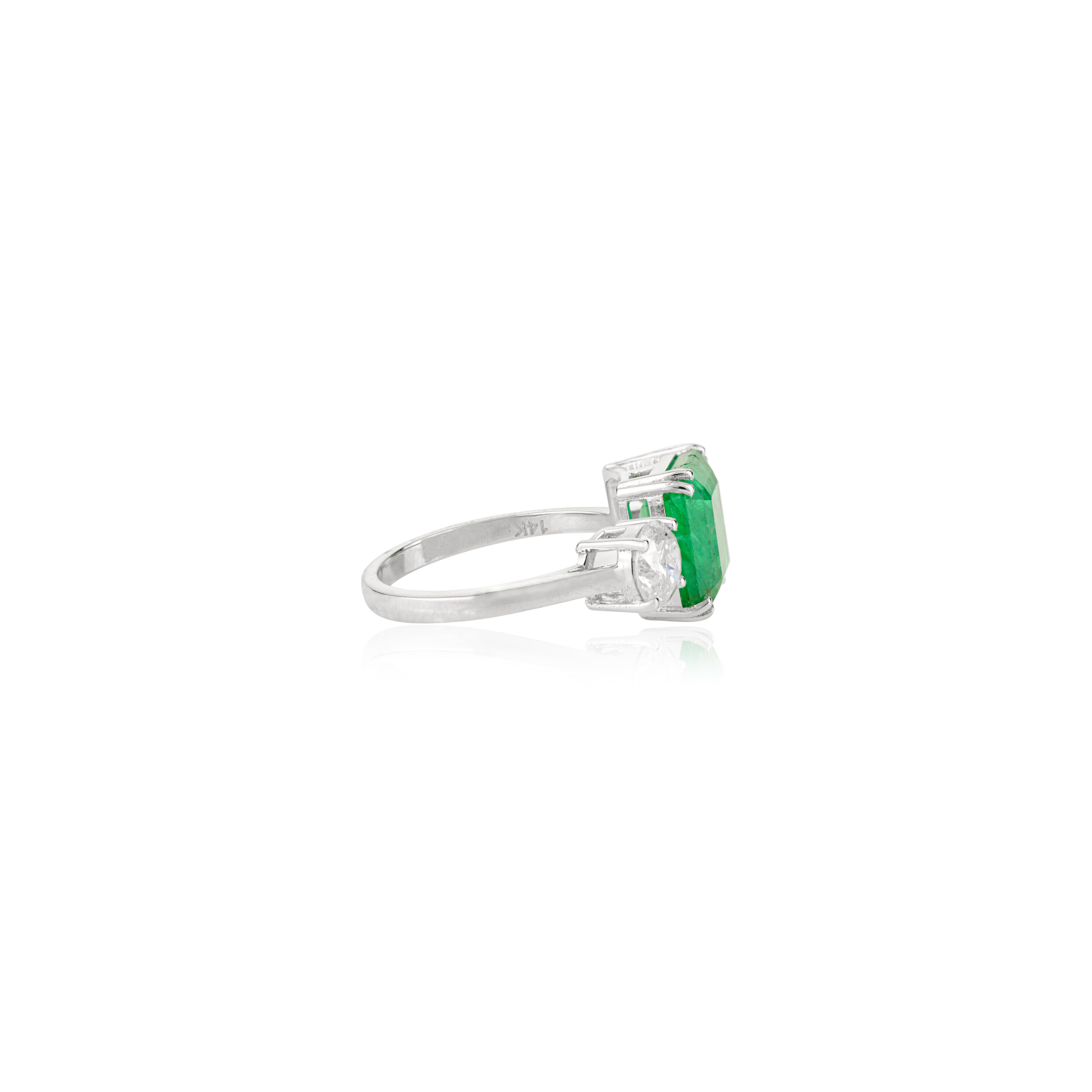 En vente :  Bague moderniste Toi et Moi en or blanc 14K avec émeraude octogonale et diamant 5