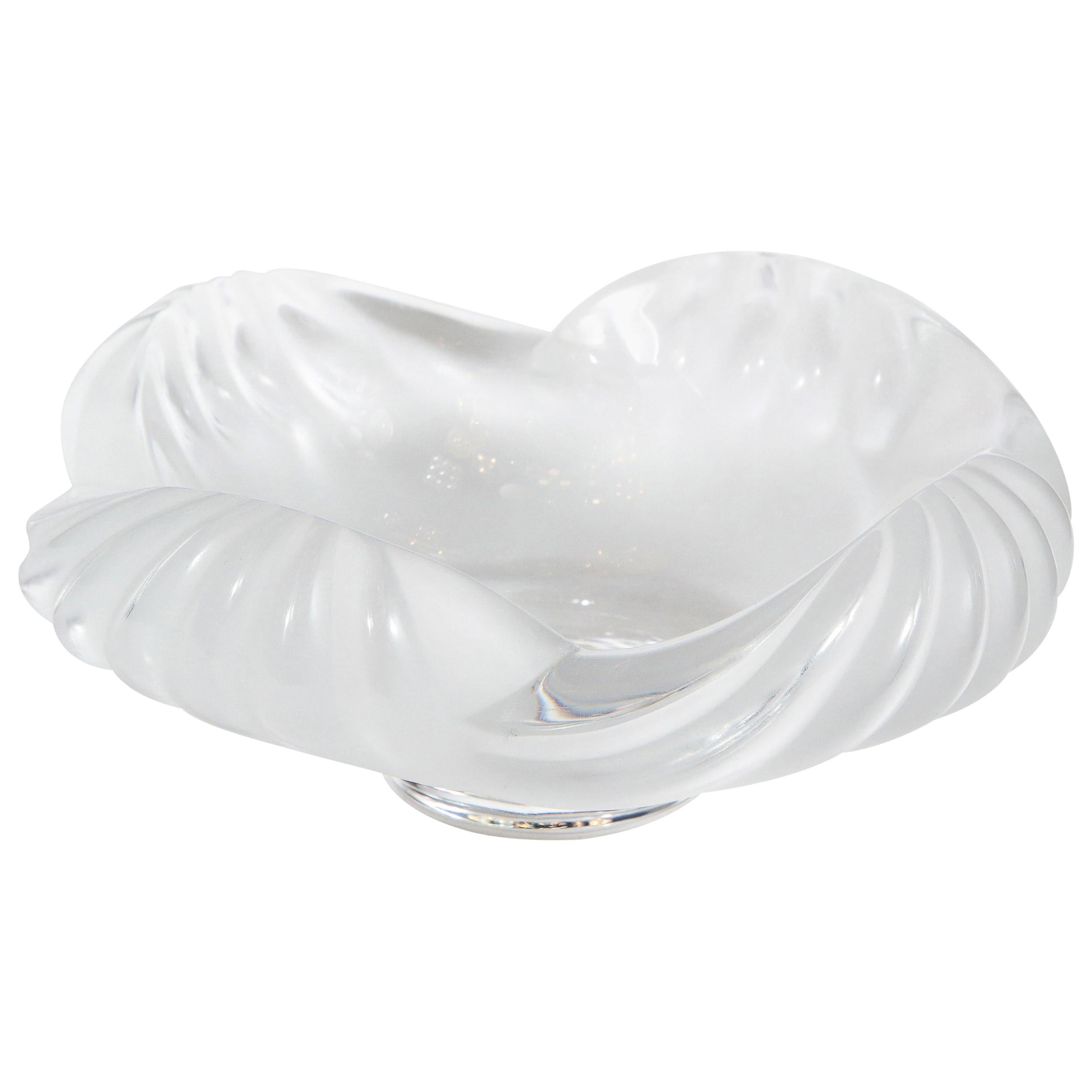 Modernist Translucent and Frosted Channeled Crystal Bowl Signed Lalique