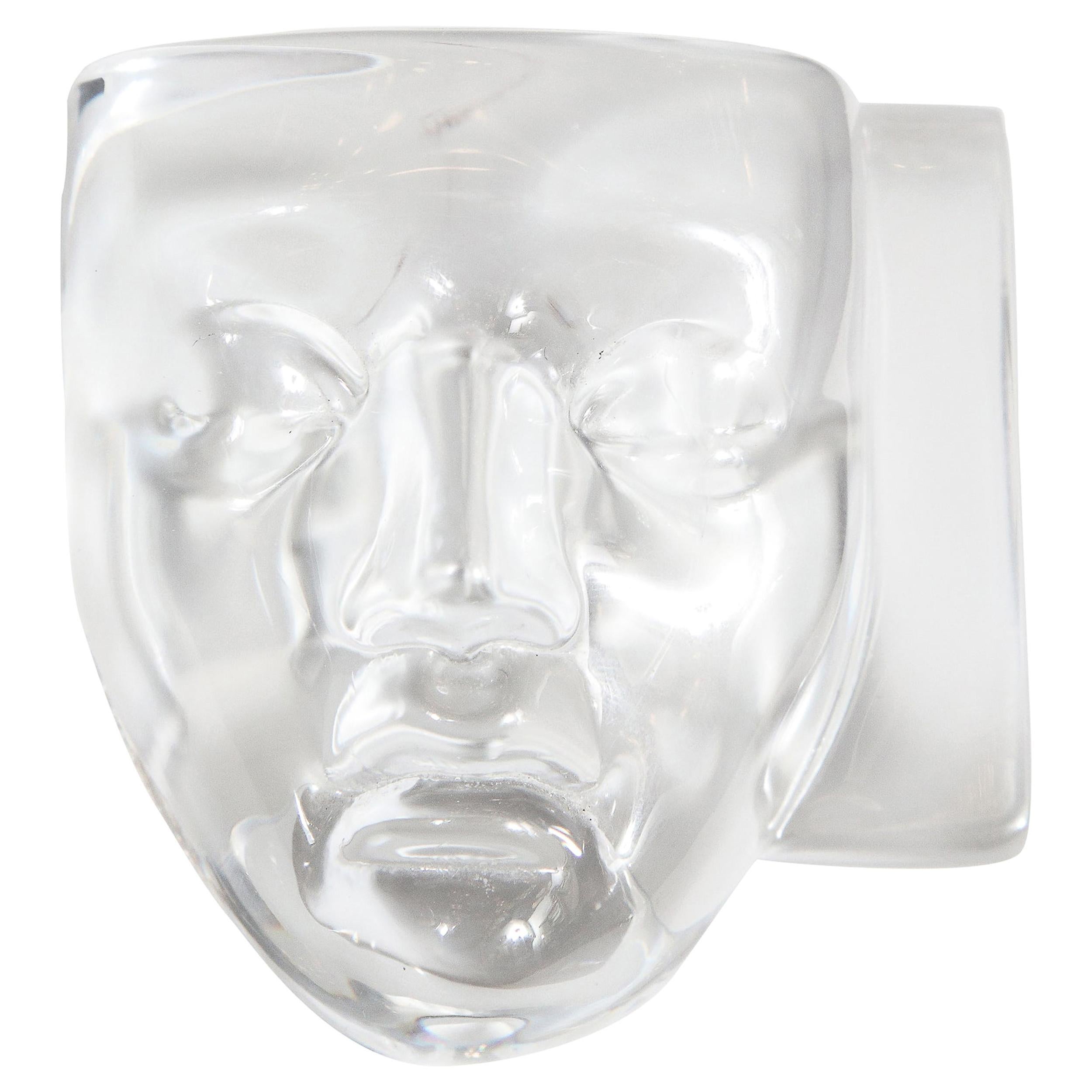 Modernist Translucent and Frosted Glass Masks Paperweight Signed by Daum France