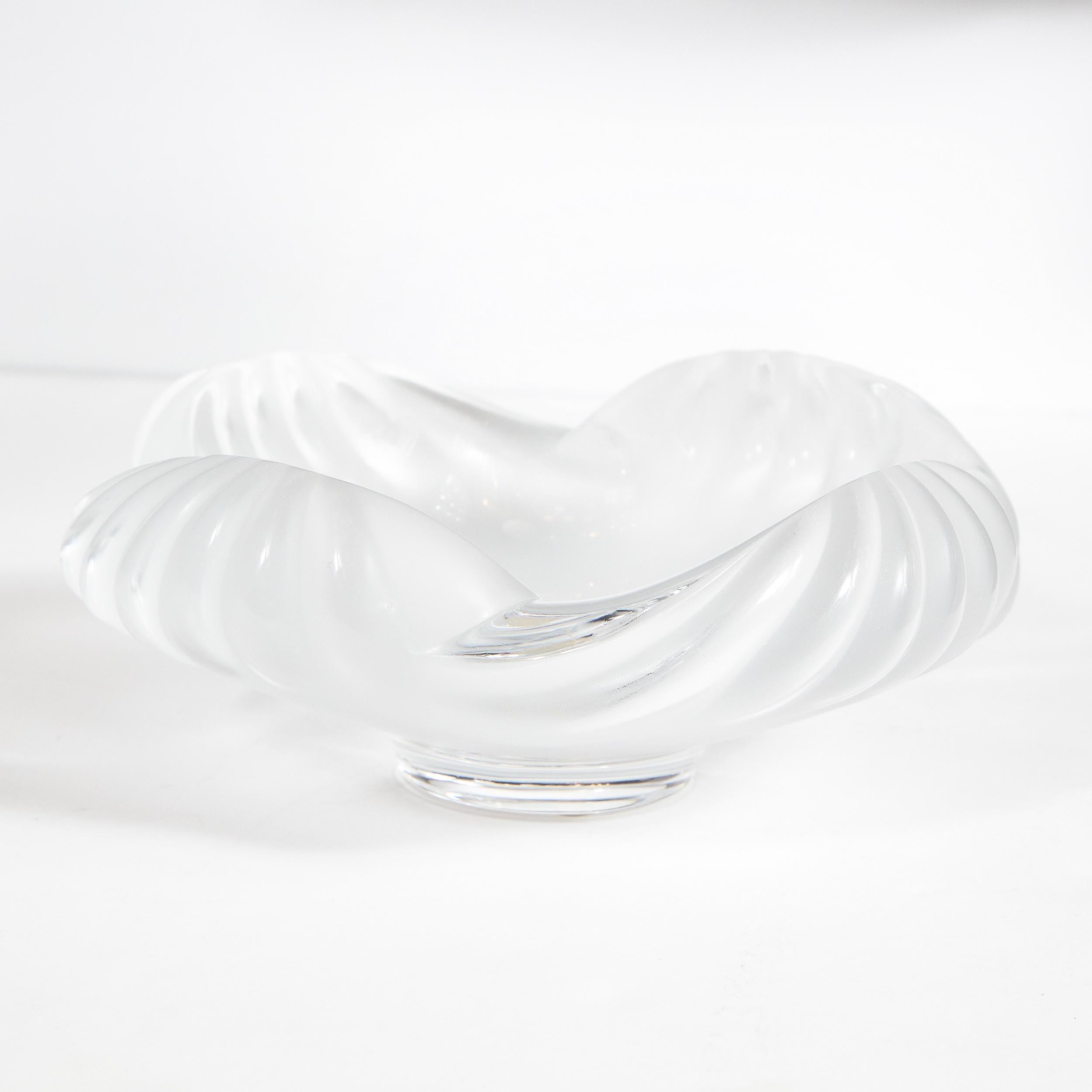 20th Century Modernist Translucent and Frosted Channeled Crystal Bowl Signed Lalique For Sale