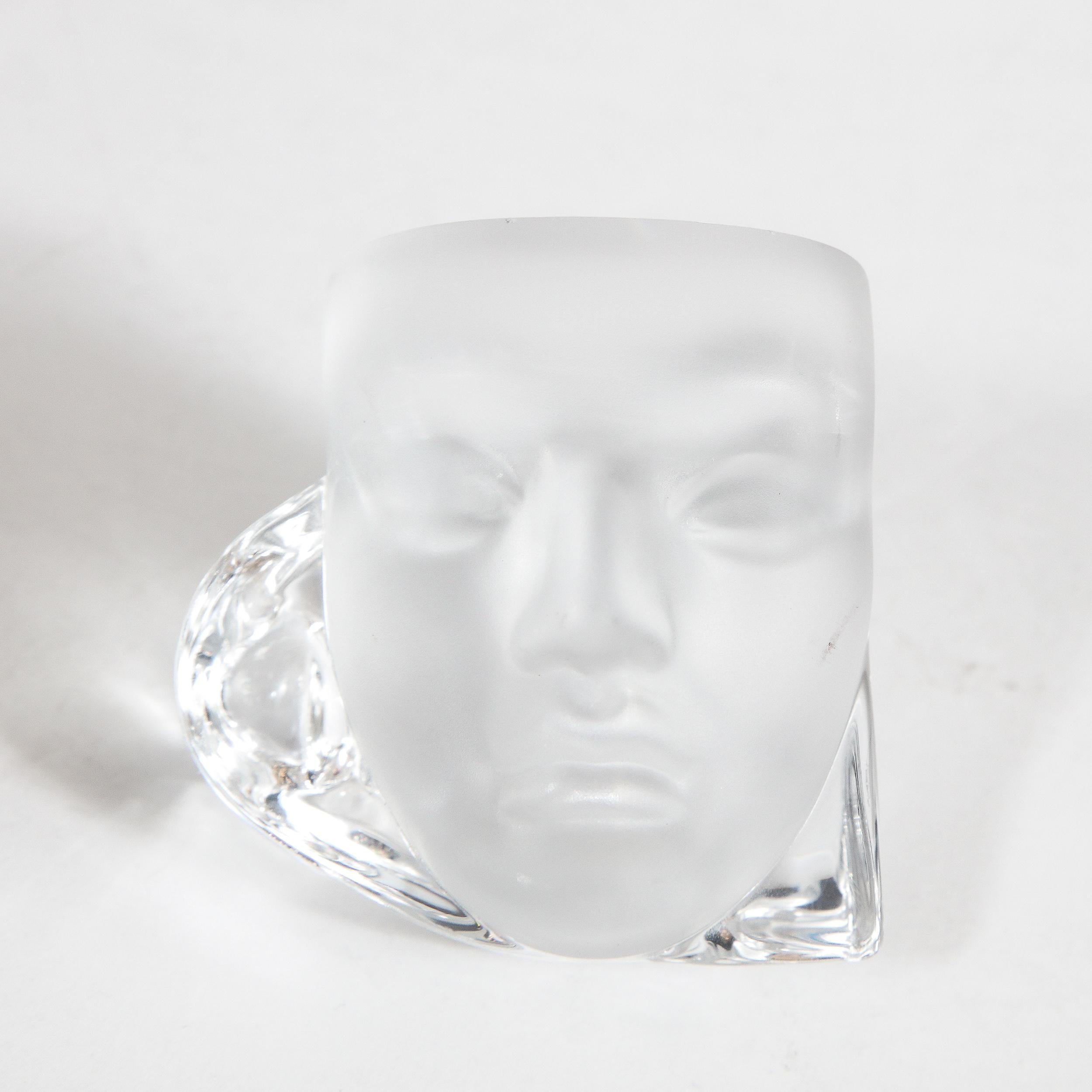 Modernist Translucent and Frosted Glass Masks Paperweight Signed by Daum France In Excellent Condition In New York, NY