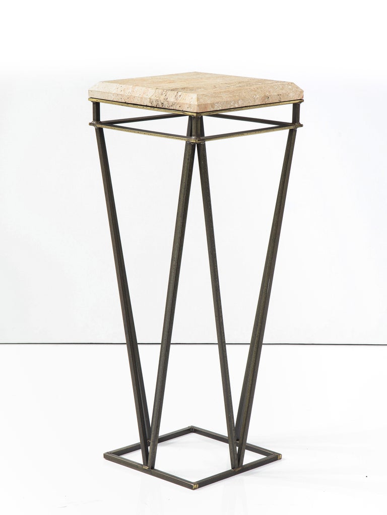 Mid-20th Century Modernist Travertine and Metal Display Pedestal For Sale