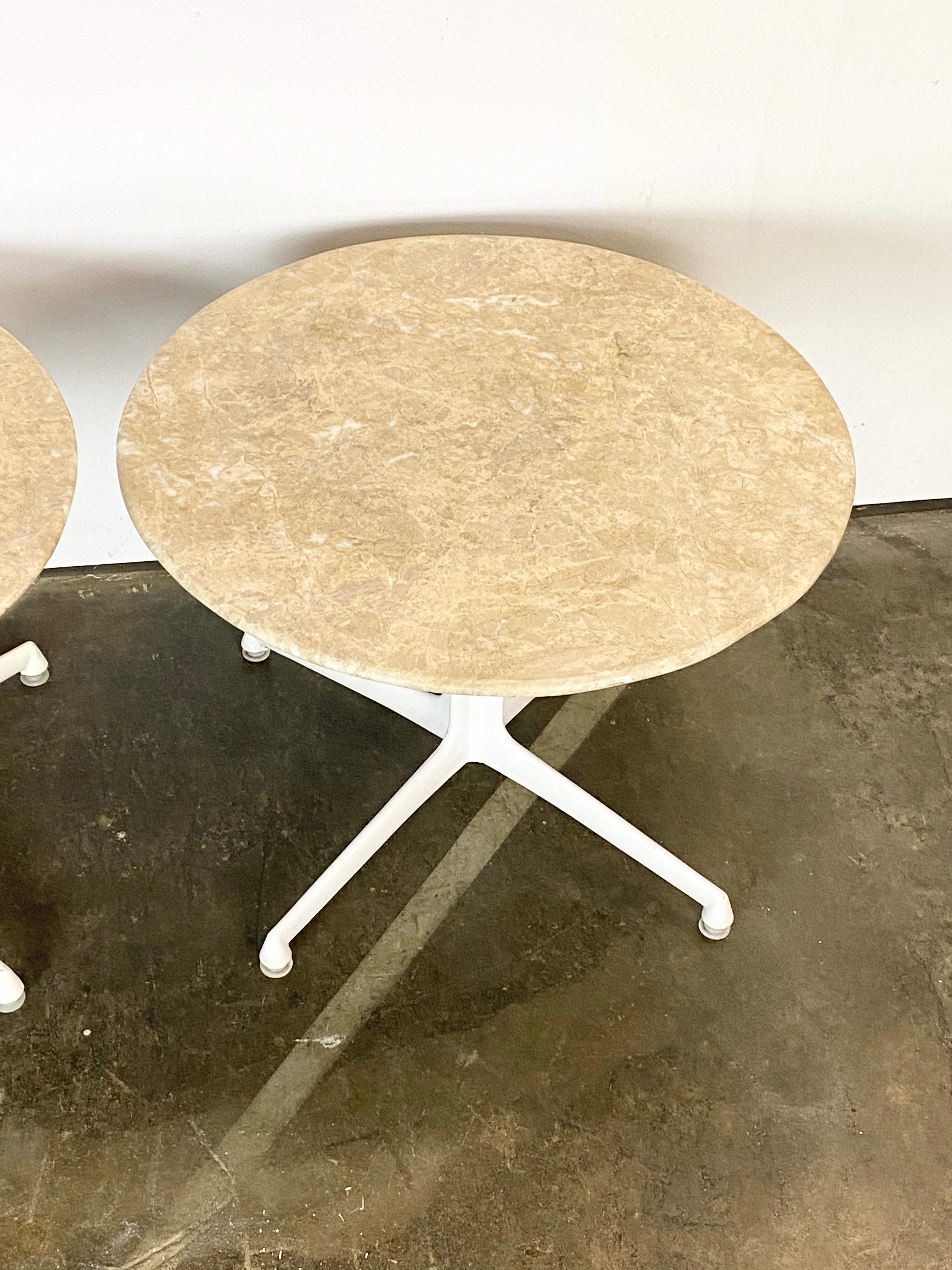 Modernist Travertine Marble End or Side Tables on La Fonda Style Base In Good Condition In Brooklyn, NY