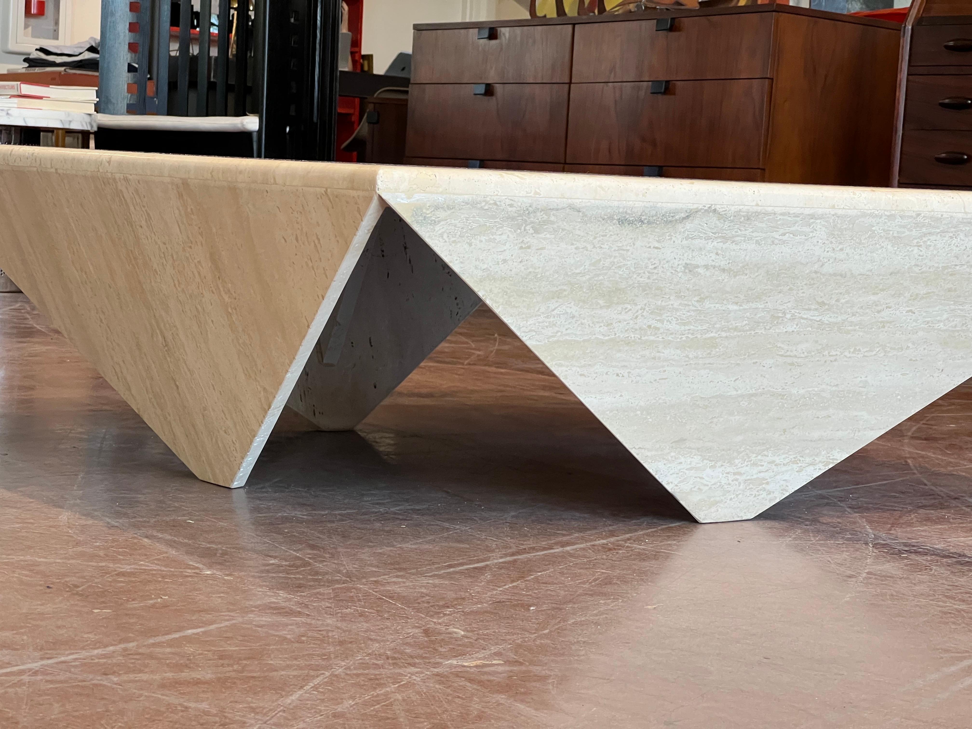 Late 20th Century Modernist Travertine Triangle Coffee Table