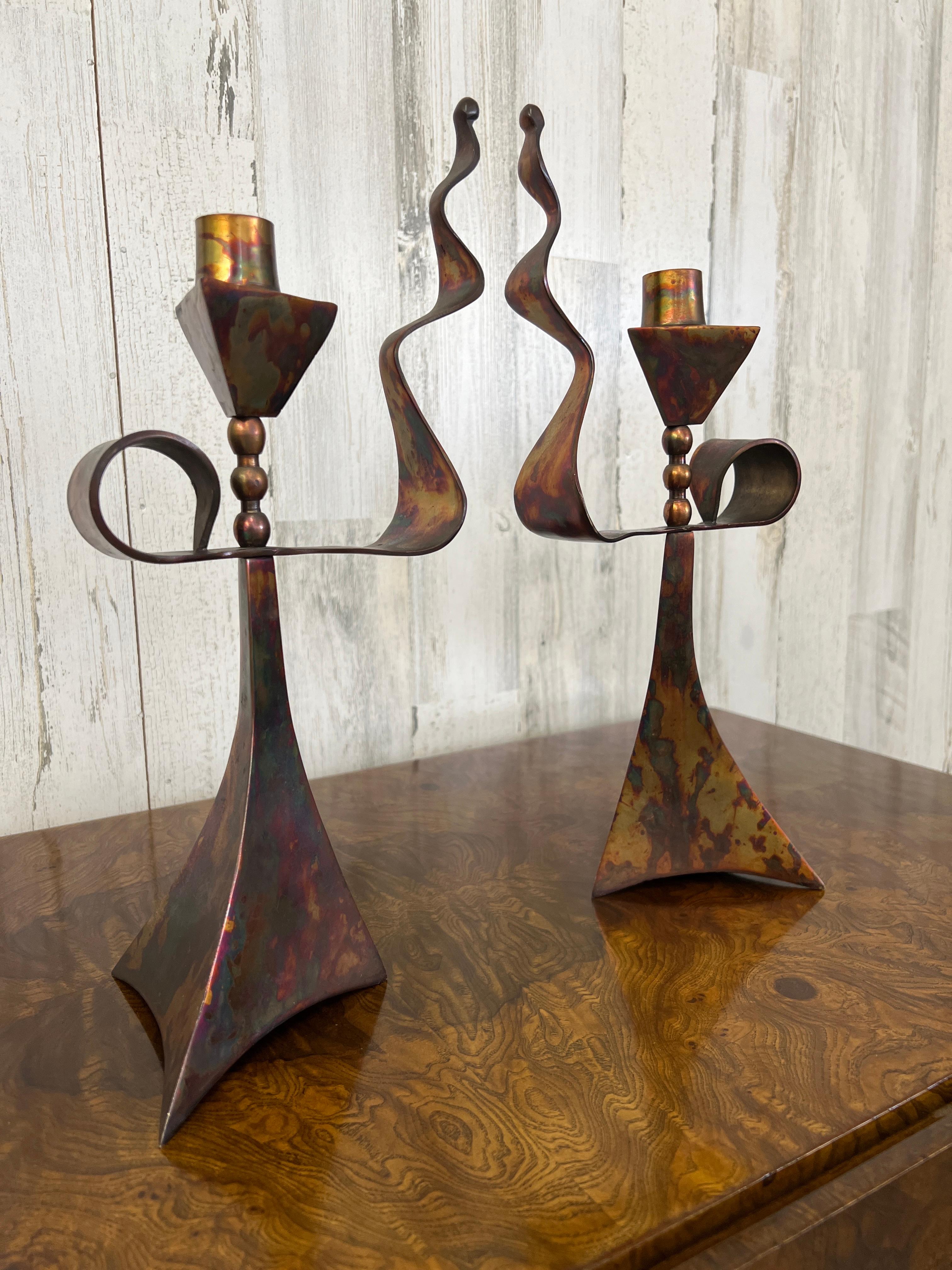 Mid-Century Modern Modernist Triangular Copper Candlesticks For Sale