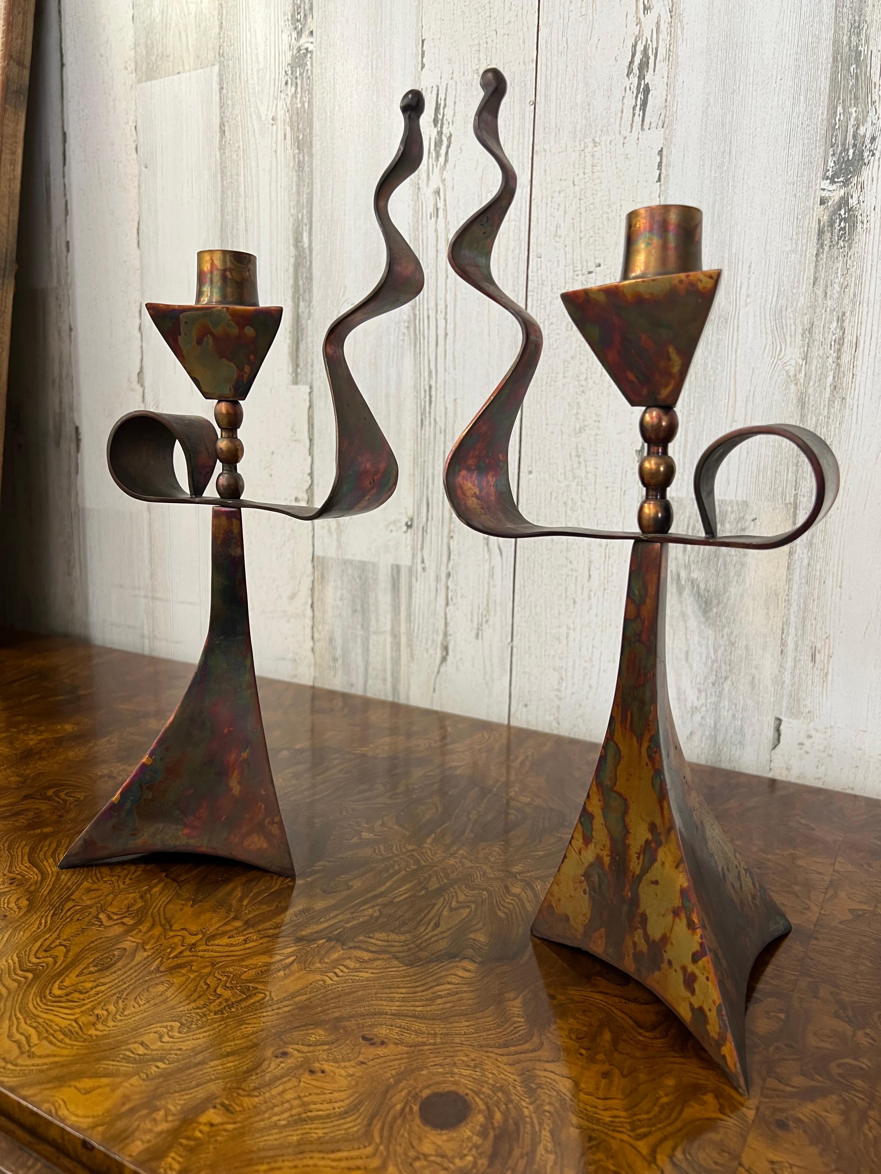North American Modernist Triangular Copper Candlesticks For Sale
