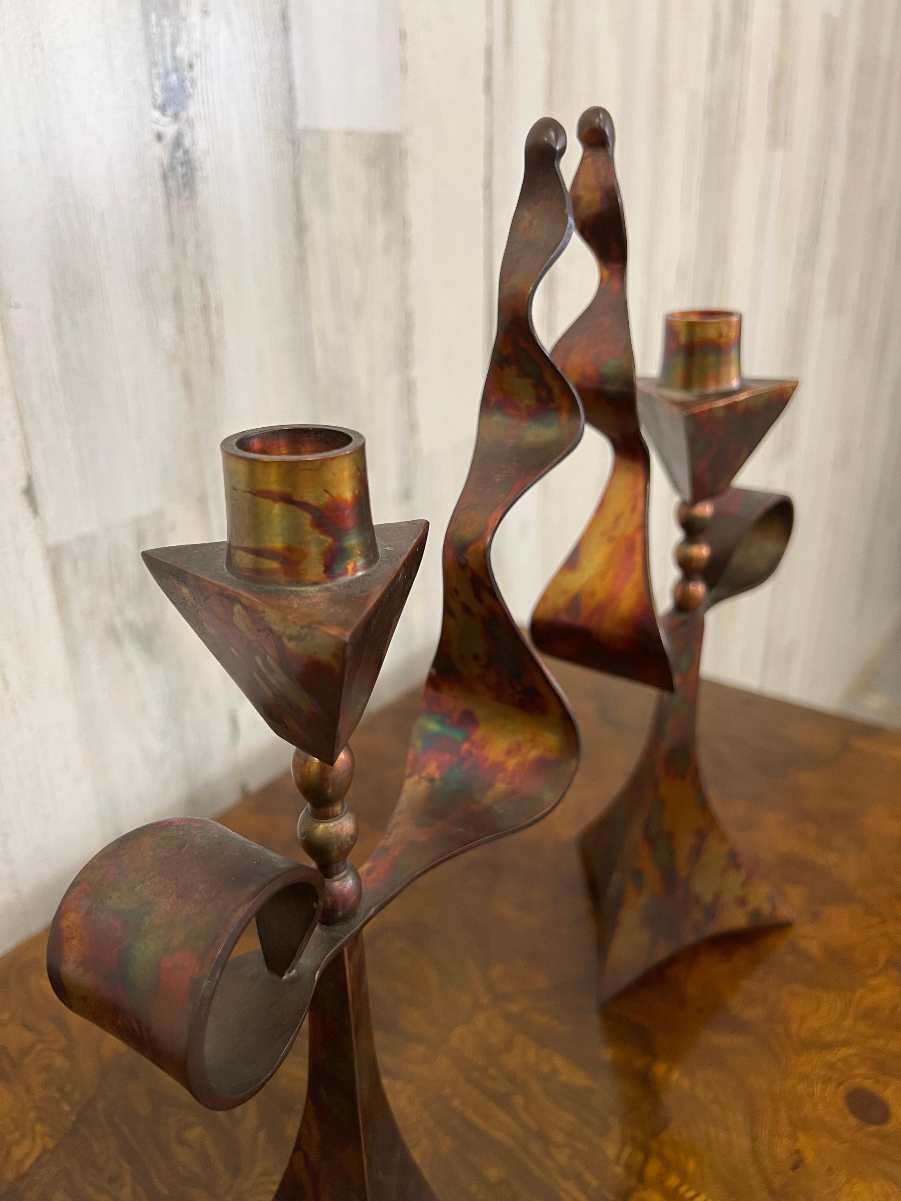 20th Century Modernist Triangular Copper Candlesticks For Sale