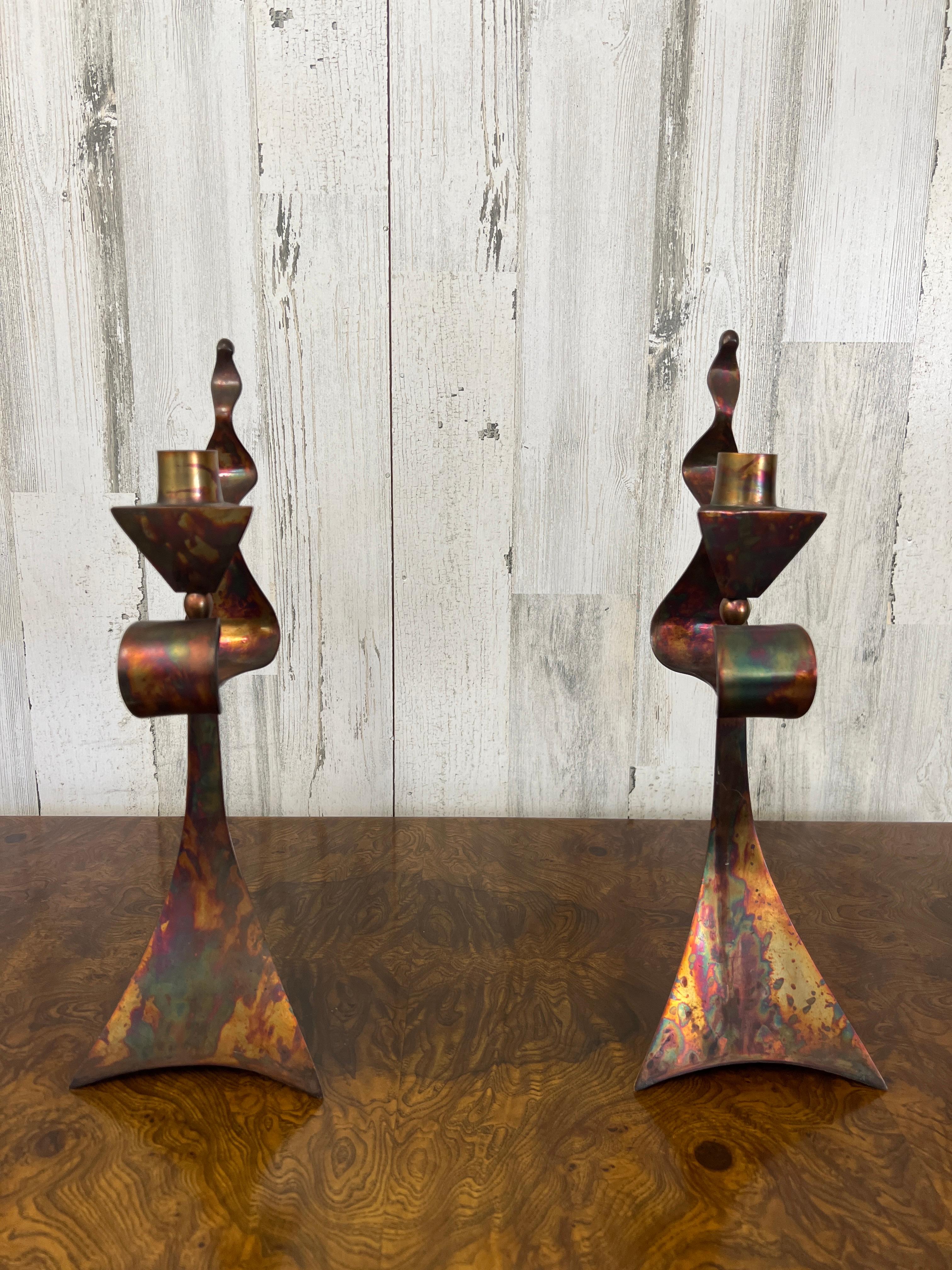 Modernist Triangular Copper Candlesticks For Sale 1