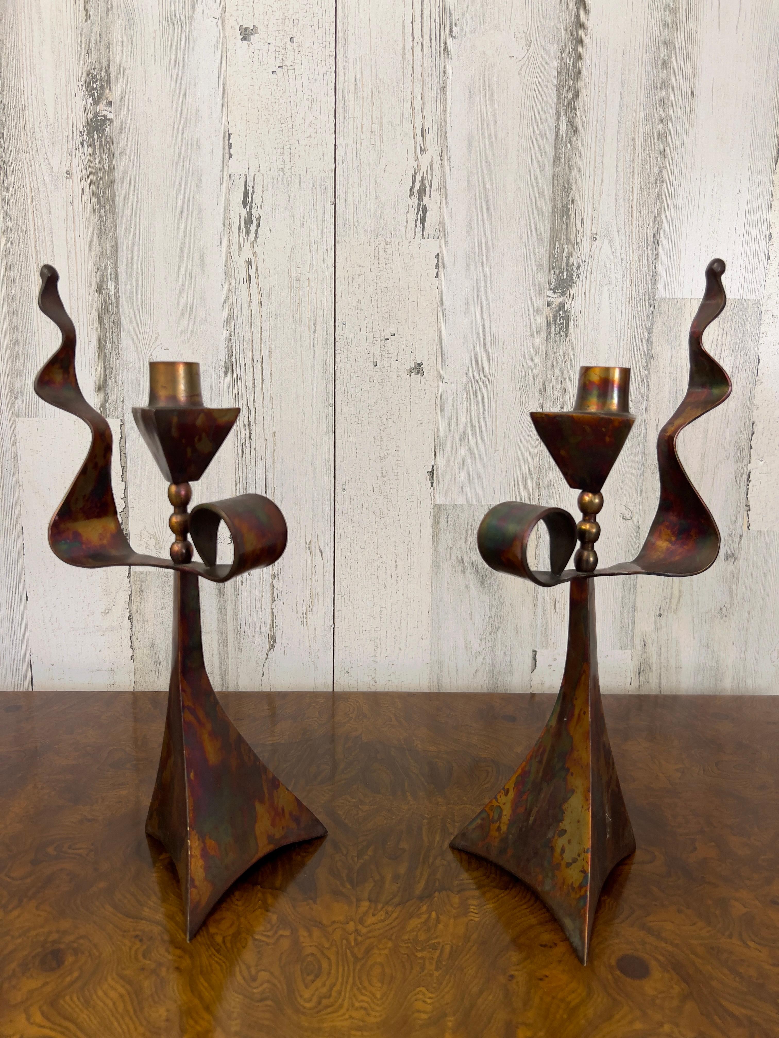 Modernist Triangular Copper Candlesticks For Sale 2