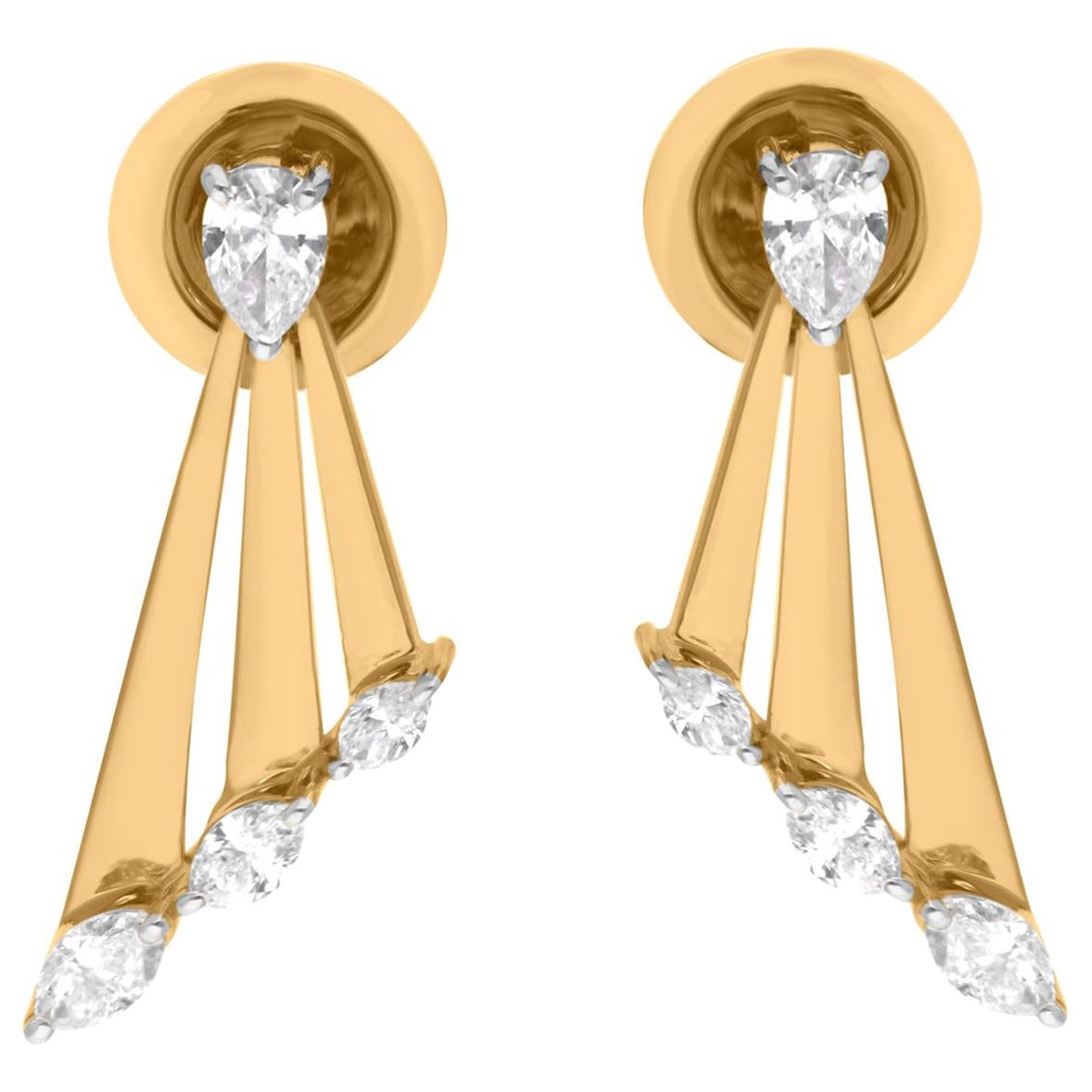 Modernist Triple Bar Diamond Fan Stud Earrings 18 Karat Yellow Gold