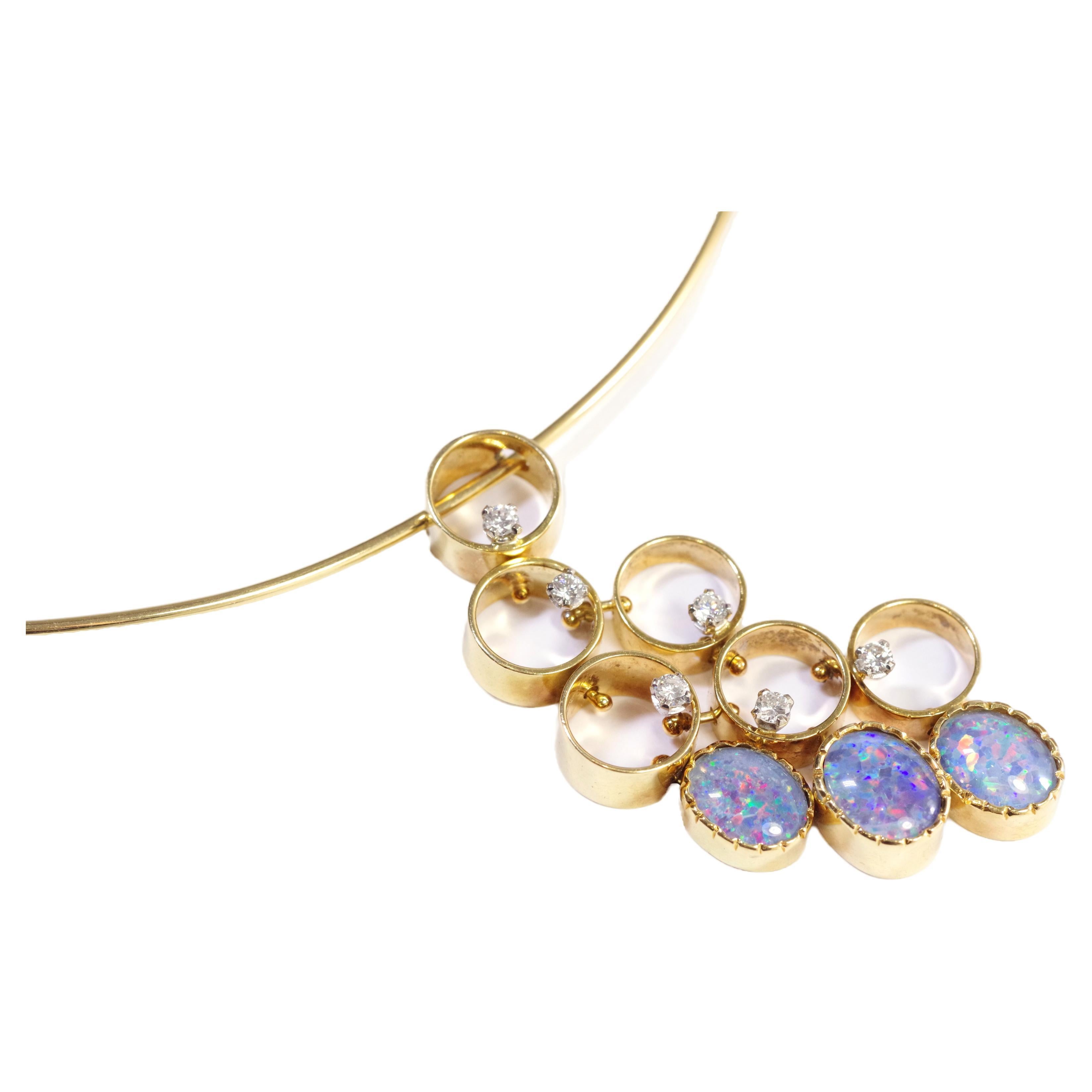 Modernist triplets opals diamond necklace in 18k gold For Sale