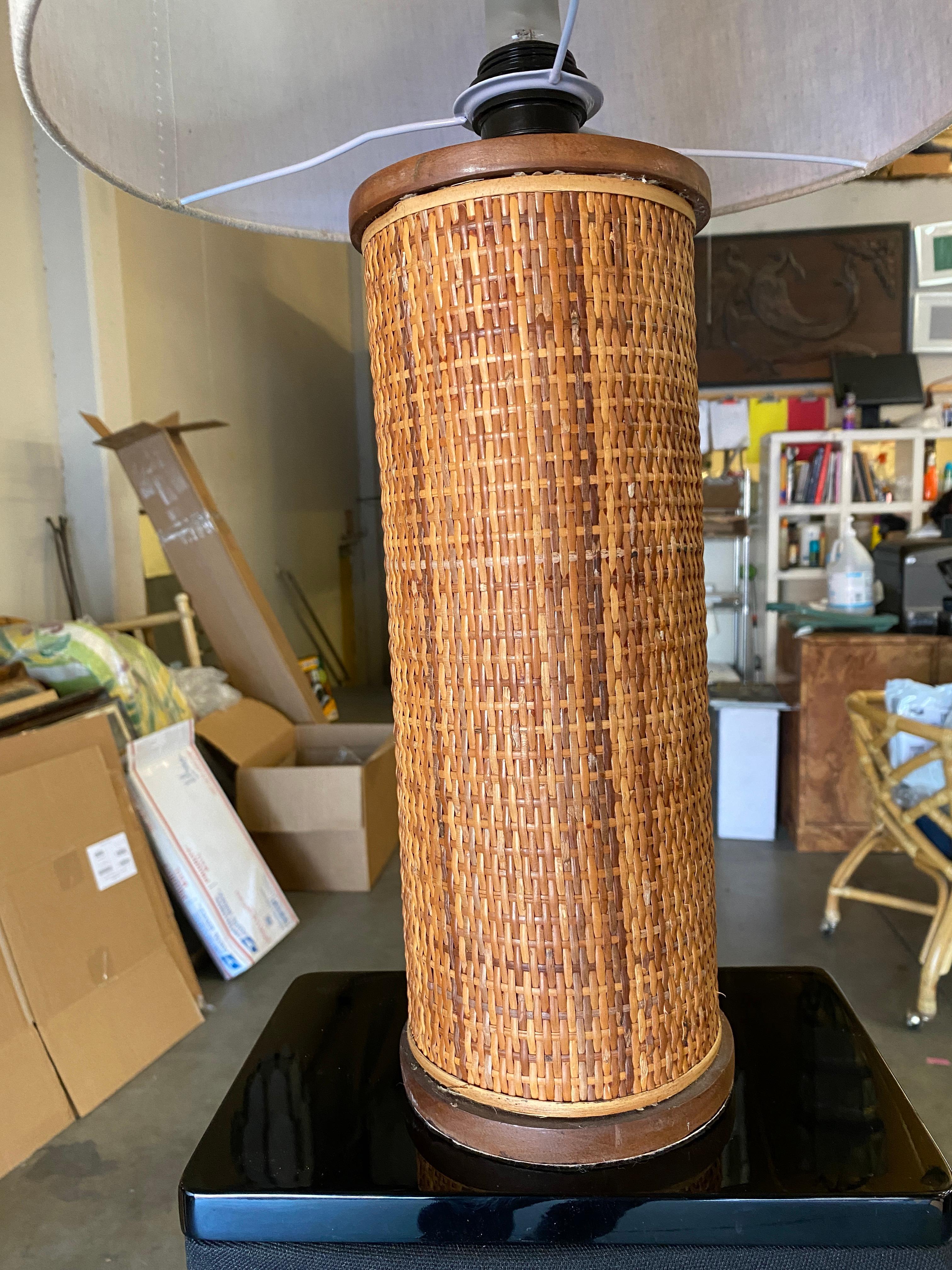 American Modernist Tropical Cylinder Lamp with Woven Wicker Sides For Sale
