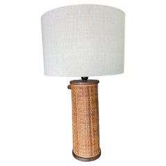 Retro Modernist Tropical Cylinder Lamp with Woven Wicker Sides